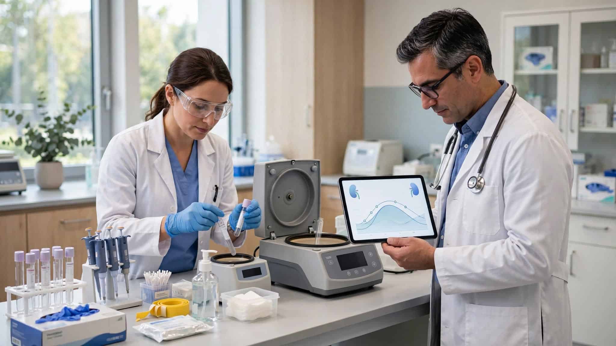 Two clinicians preparing laboratory samples and reviewing results beside centrifuges