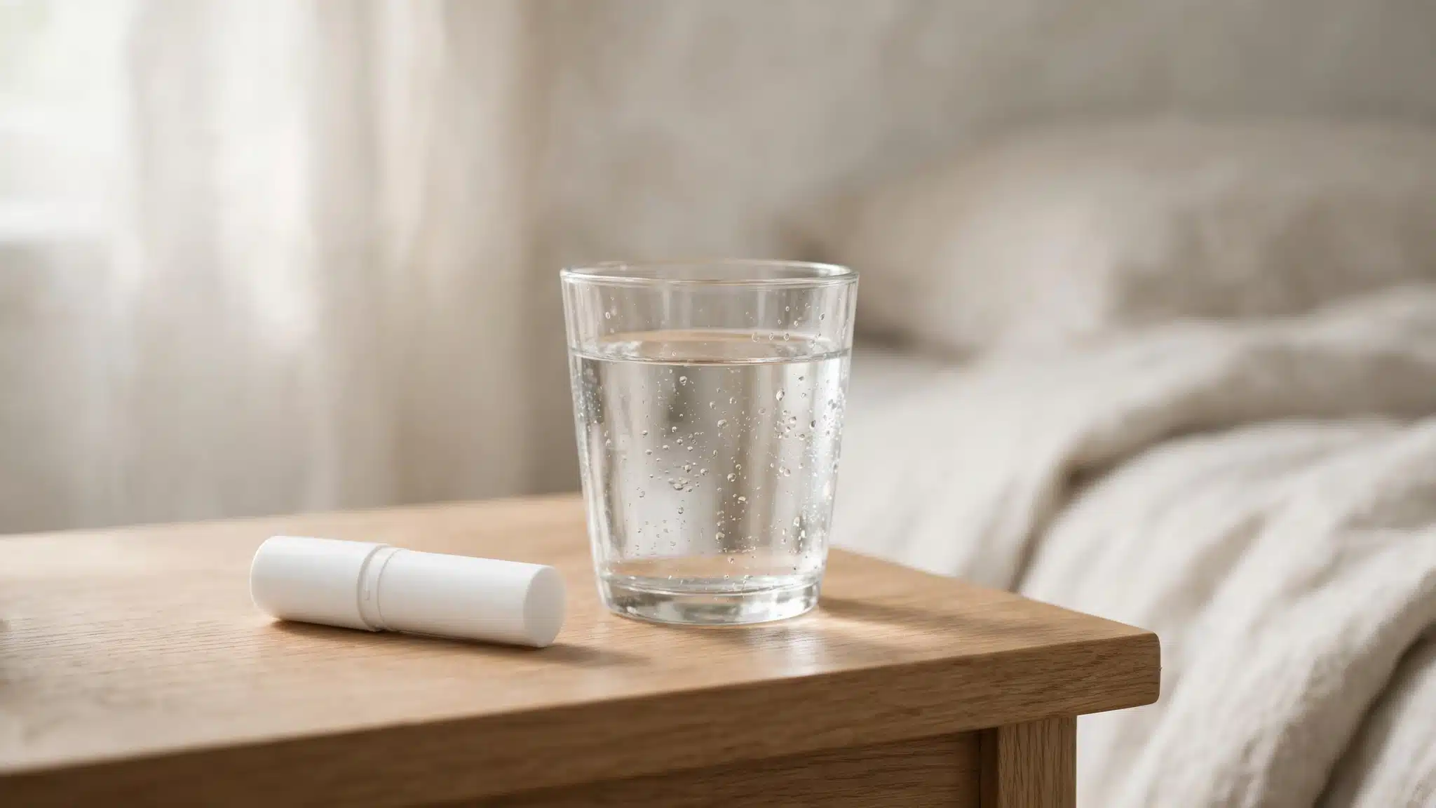 Lip ointment and a glass of water on a morning table