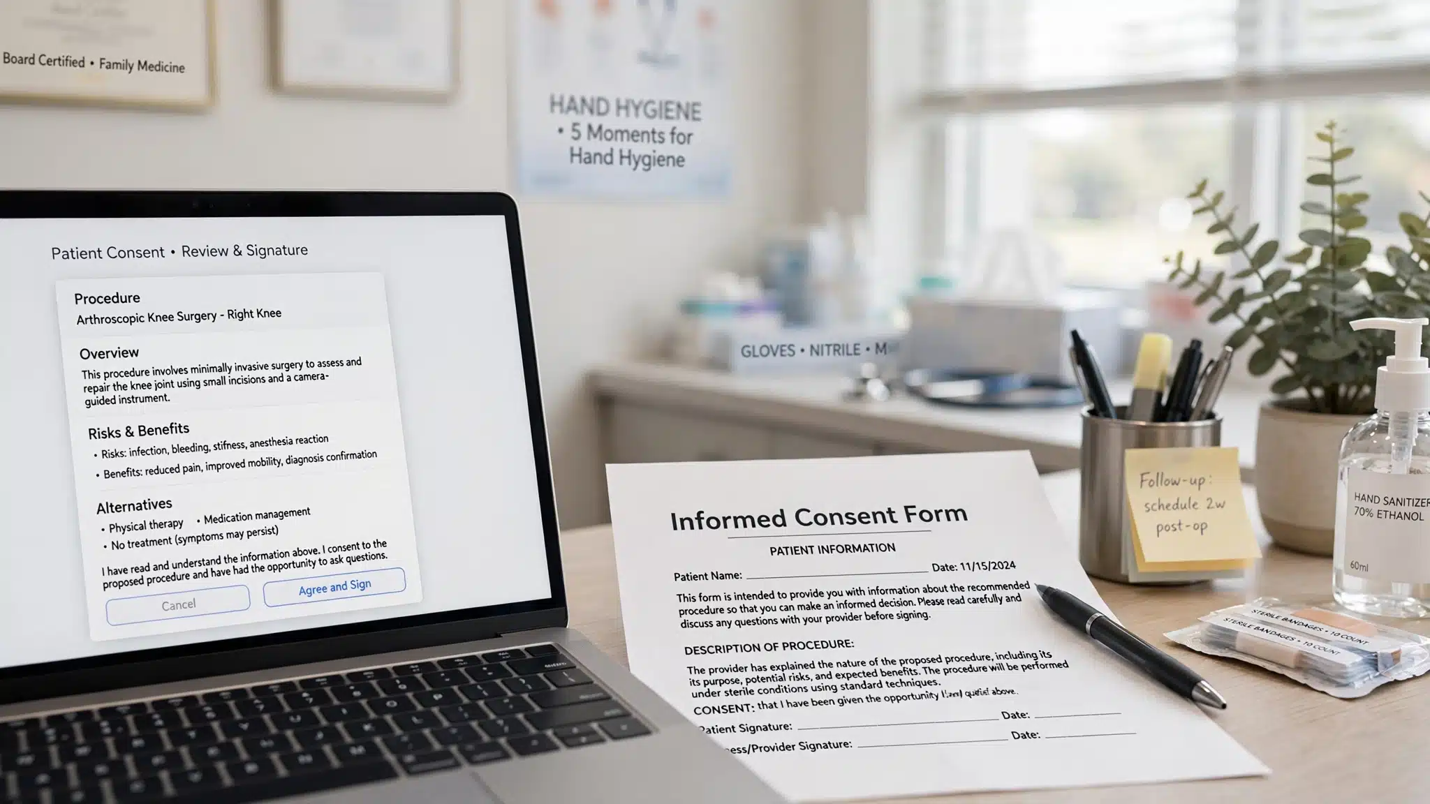 Consent paperwork and a pen on a clinic desk
