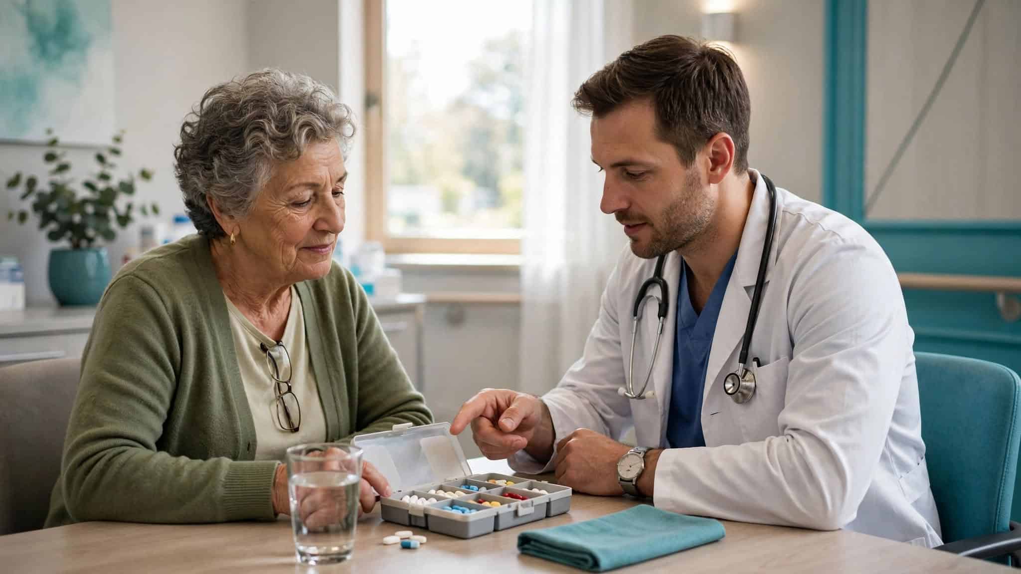 Older adult reviewing medications and hydration with a physician