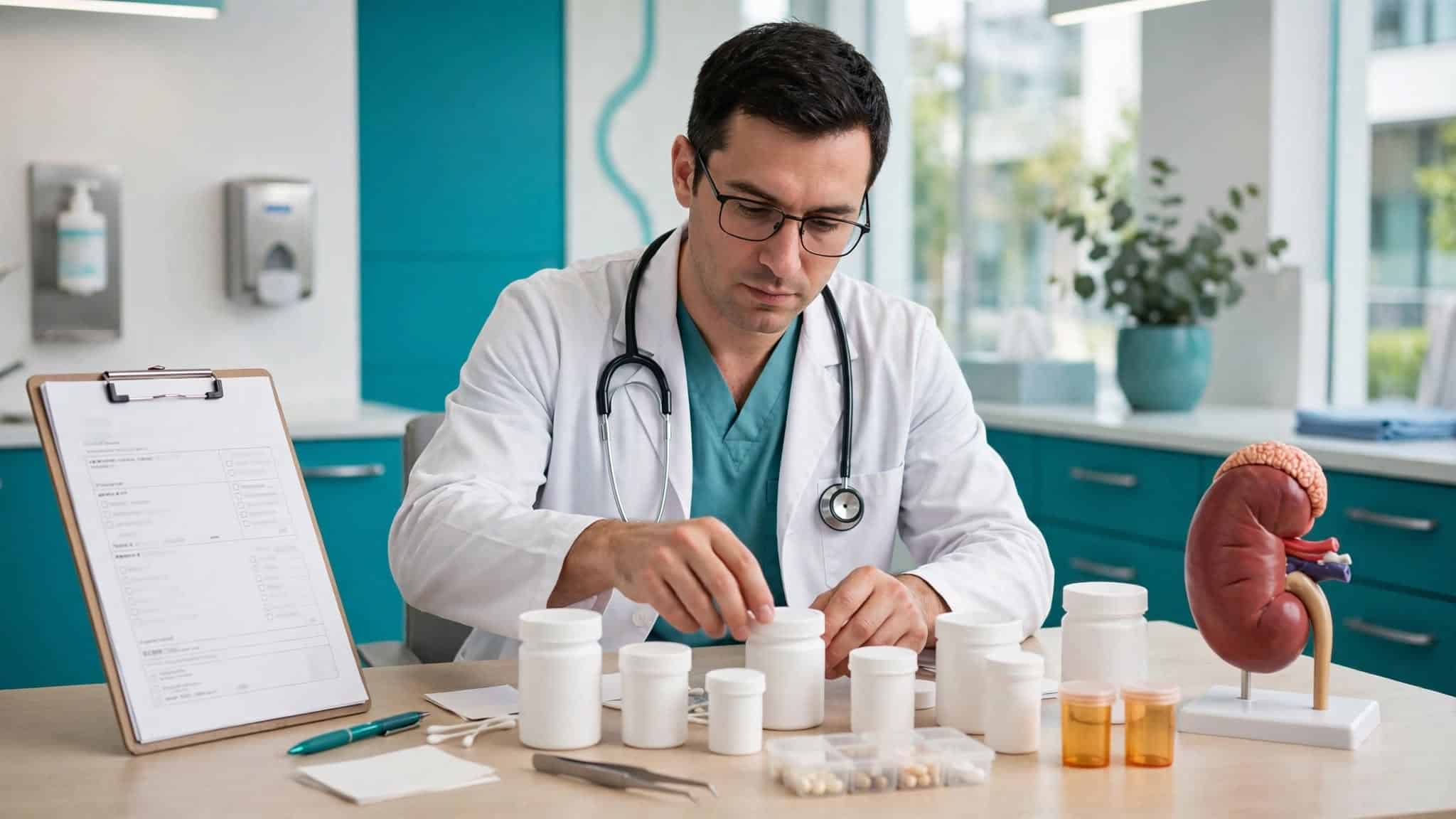Physician reviewing kidney-related medications with a patient chart