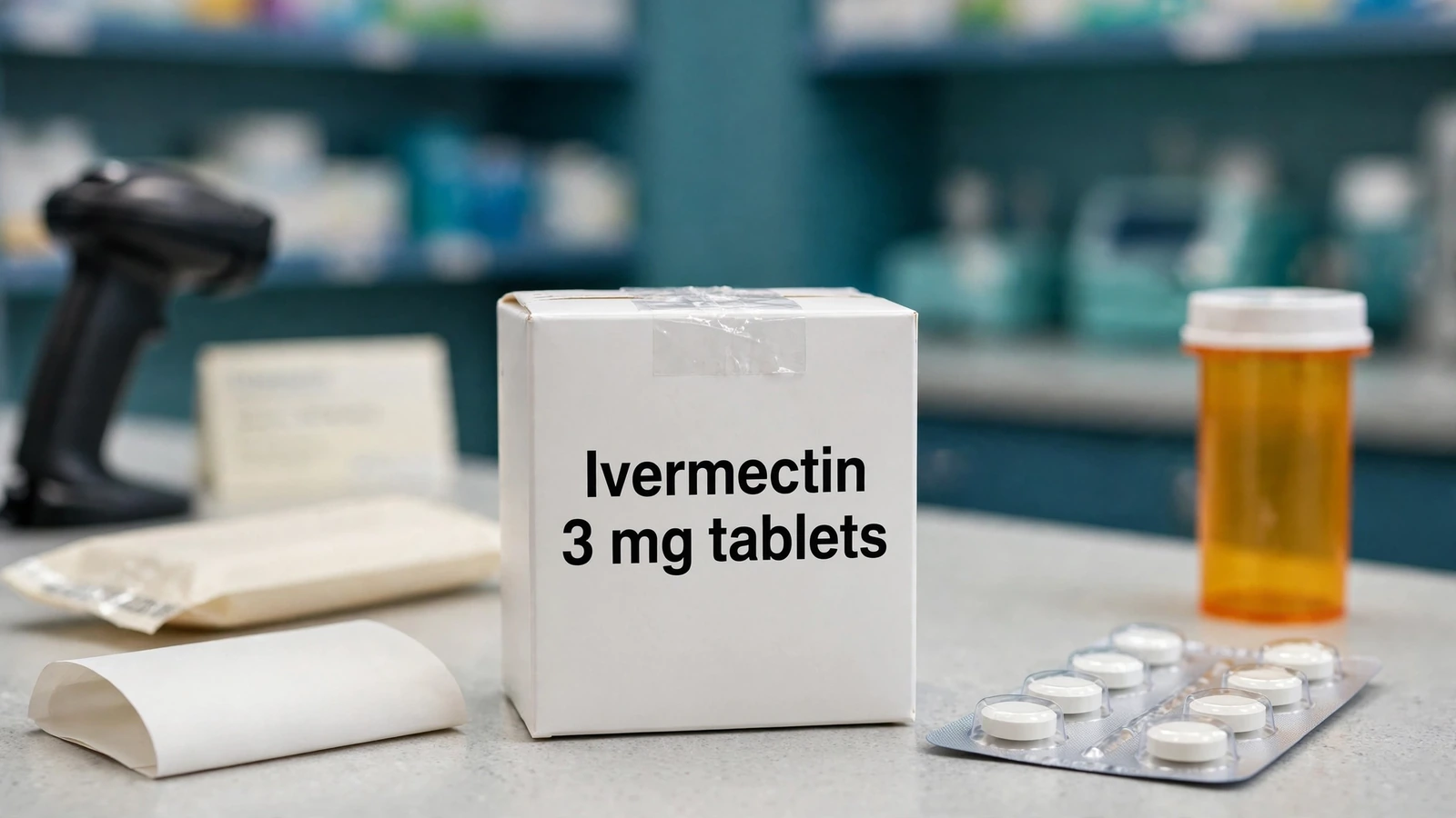 Licensed pharmacy pickup counter with human oral ivermectin prescription package and identity check