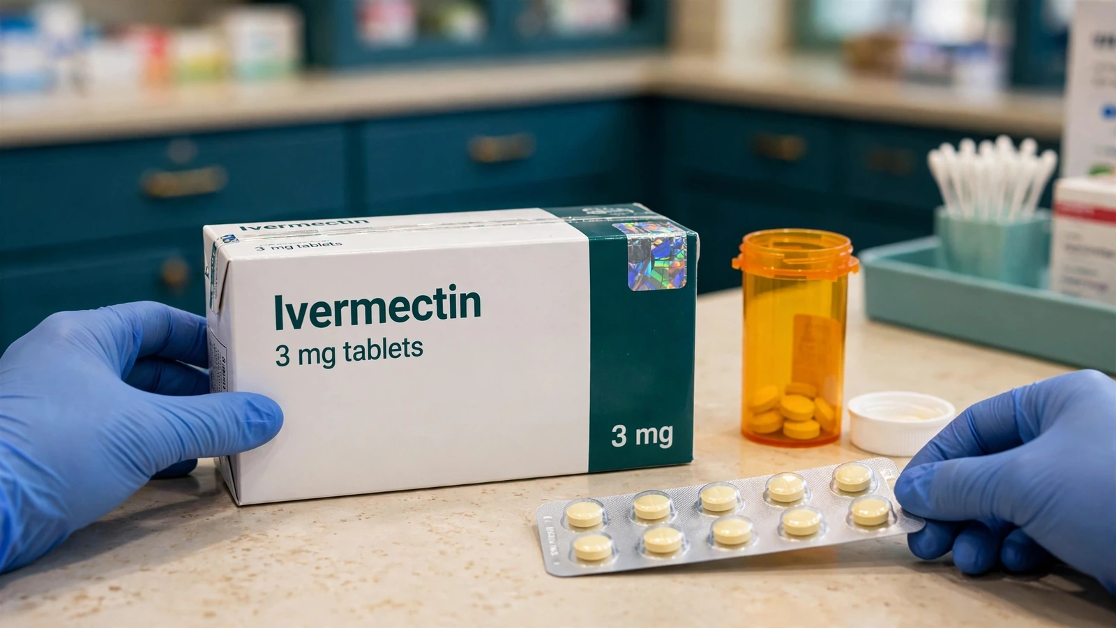 Human oral ivermectin package beside a valid prescription and patient identity record