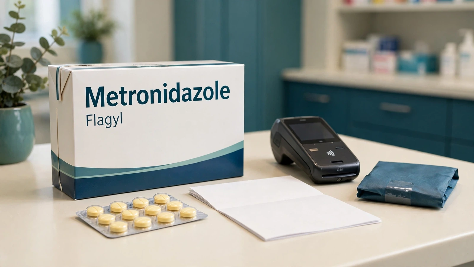 Metronidazole prescription package with blister pack, payment terminal, and sealed licensed-pharmacy pickup bag