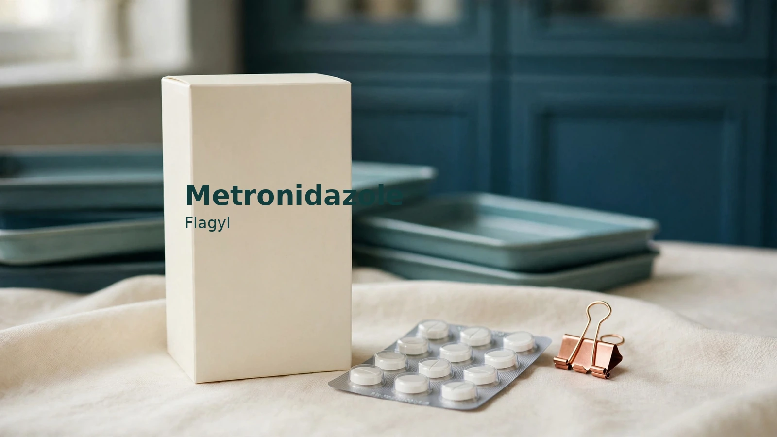 Pharmacist matching a metronidazole package to a signed prescription before sealed dispensing