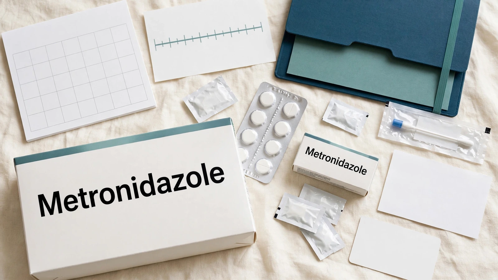 Bacterial vaginosis diagnostic workup with specimen swab, pH materials, microscopy slide, and sealed metronidazole package