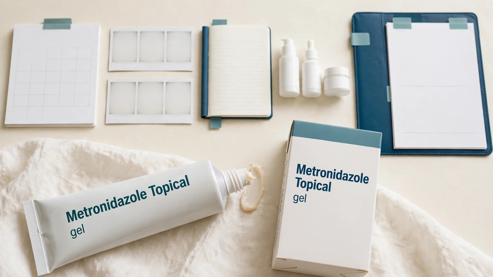 Clinician reviewing bacterial vaginosis laboratory results while oral and vaginal metronidazole products remain sealed