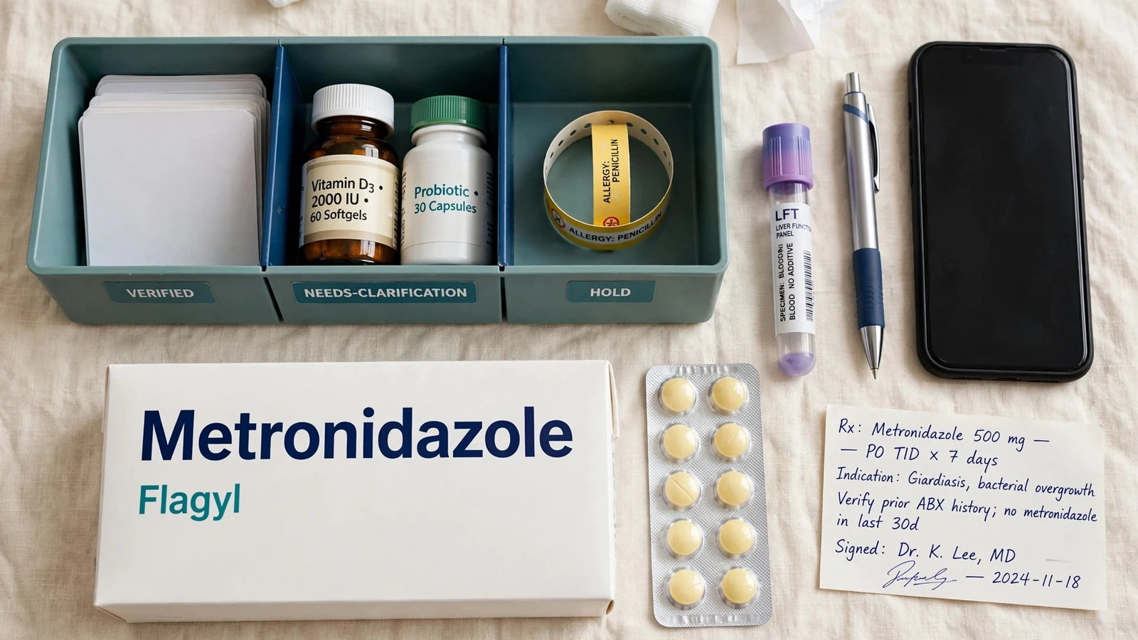 Flagyl and generic metronidazole packages beside separate oral, topical, and vaginal dosage forms