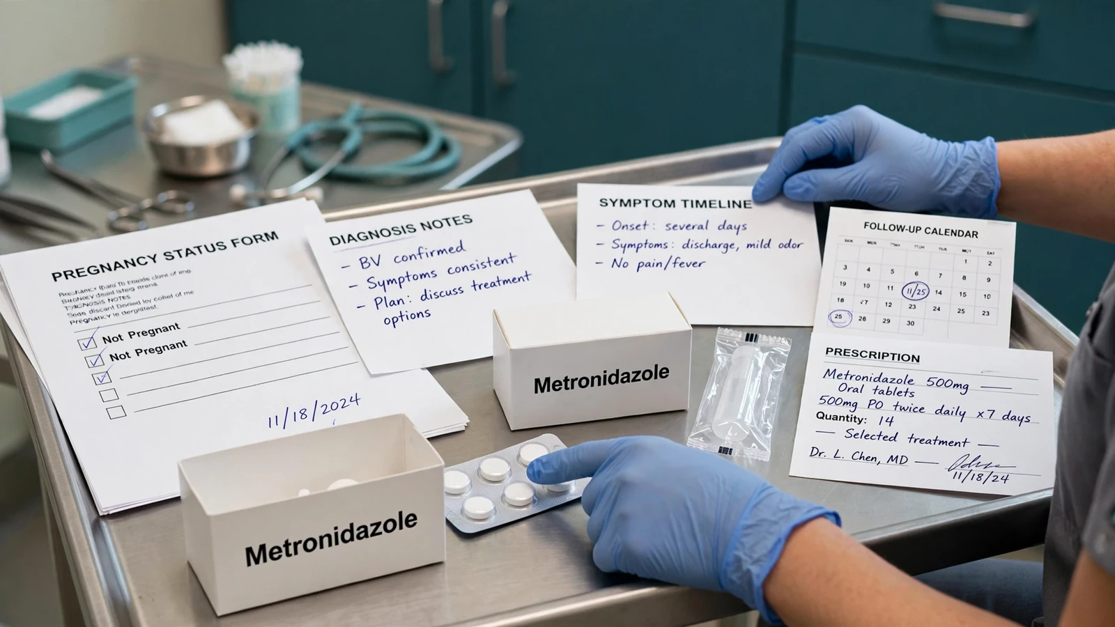 Pharmacist comparing Flagyl and generic metronidazole packages with prescription form and strength fields
