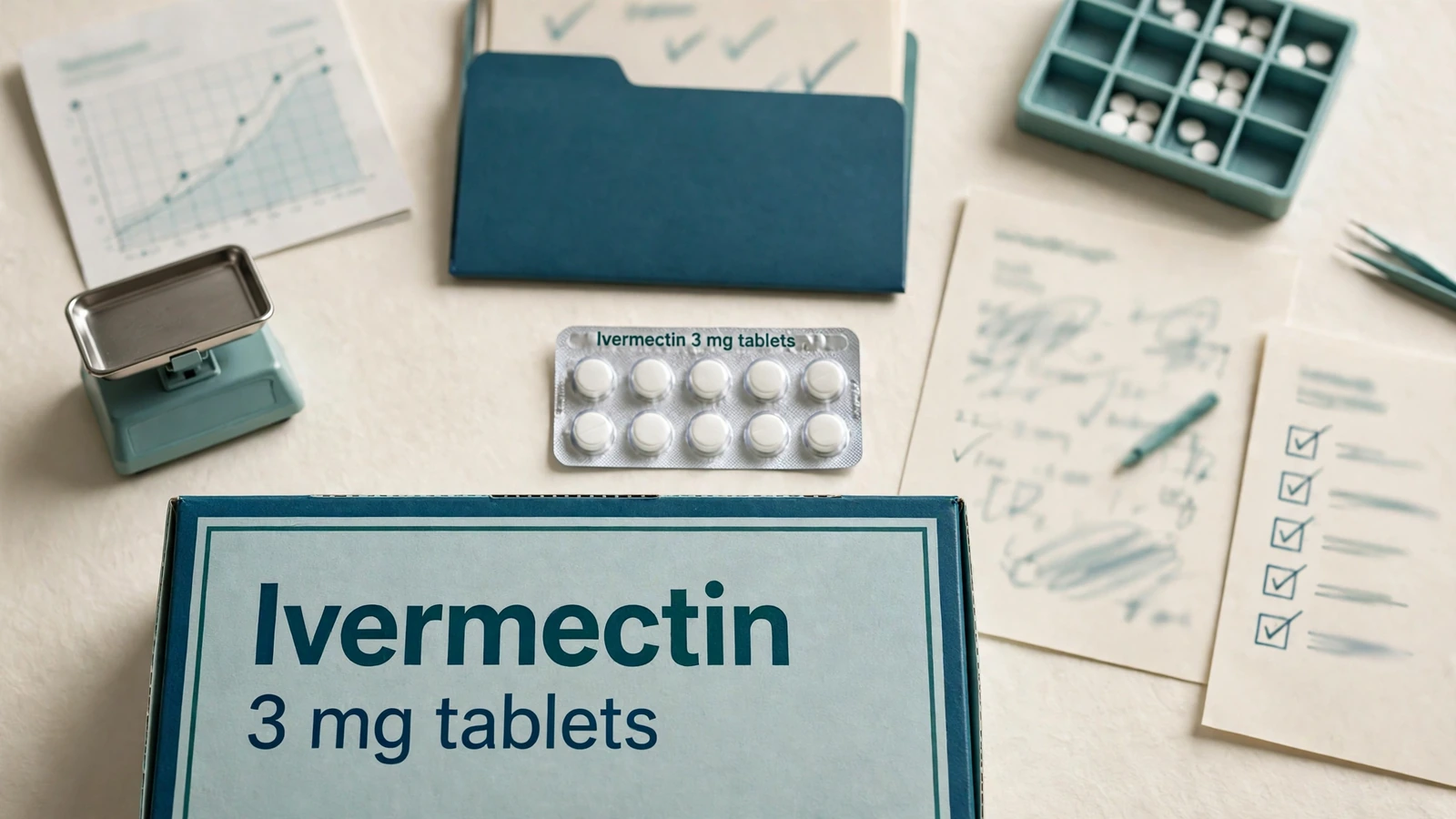 Clinical workspace with a calibrated scale, oral ivermectin package, and condition record