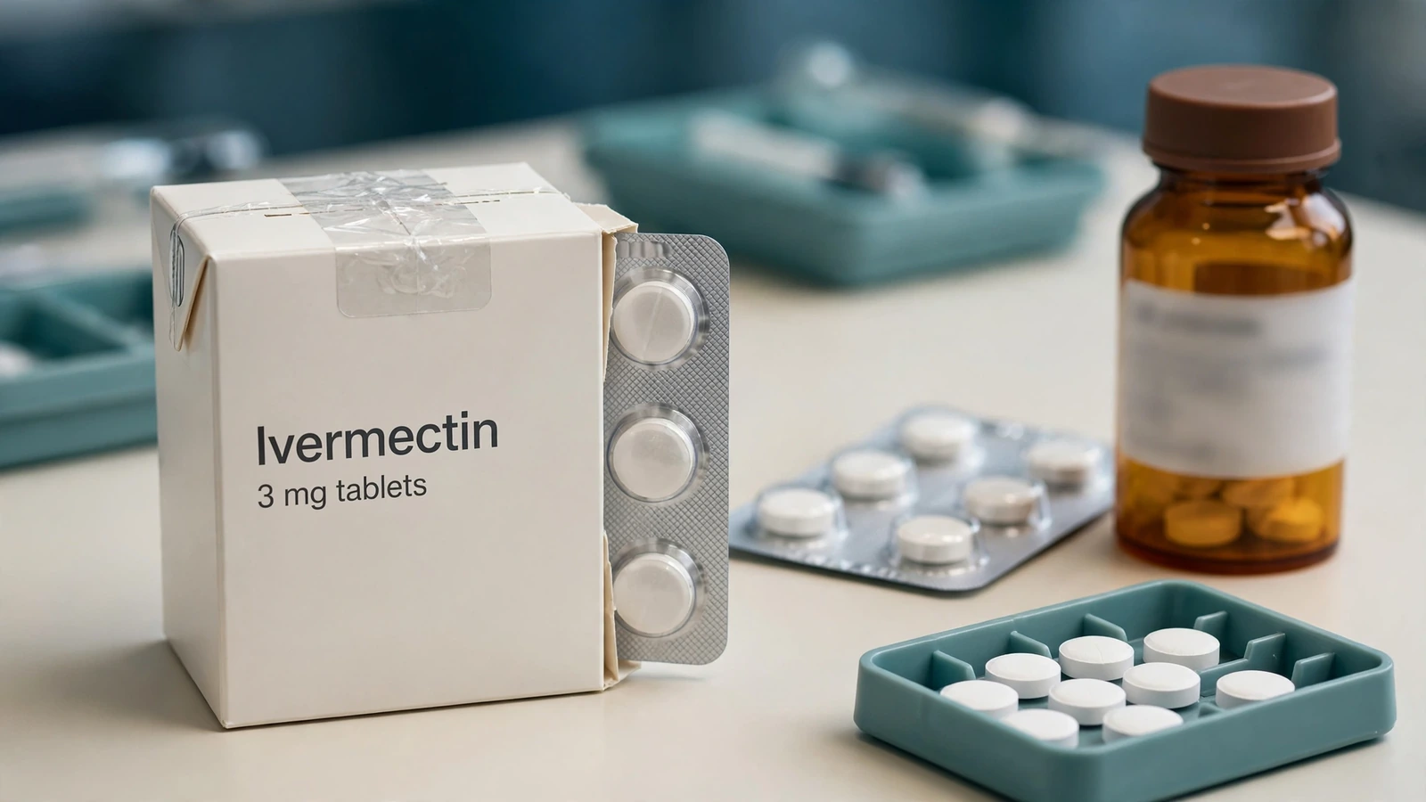 Pharmacist matching a human oral ivermectin prescription form to the labeled tablet package