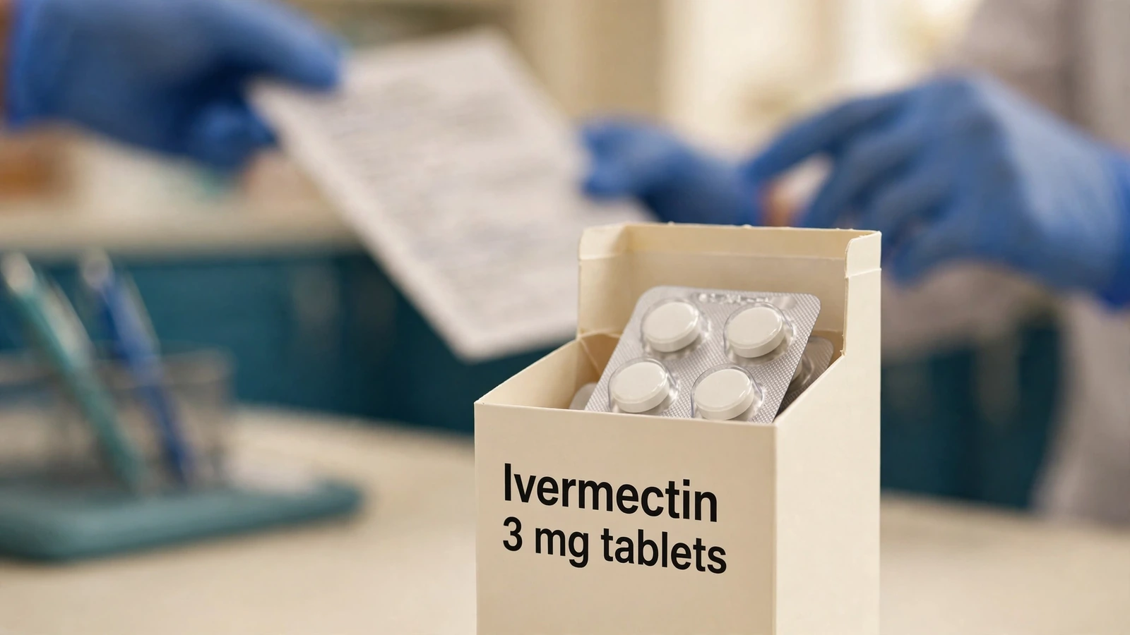 Licensed pharmacist checking a human oral ivermectin prescription and patient record