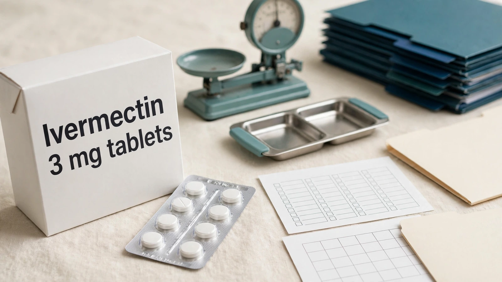 Human oral ivermectin package with a clinical scale, medicine list, and monitoring record