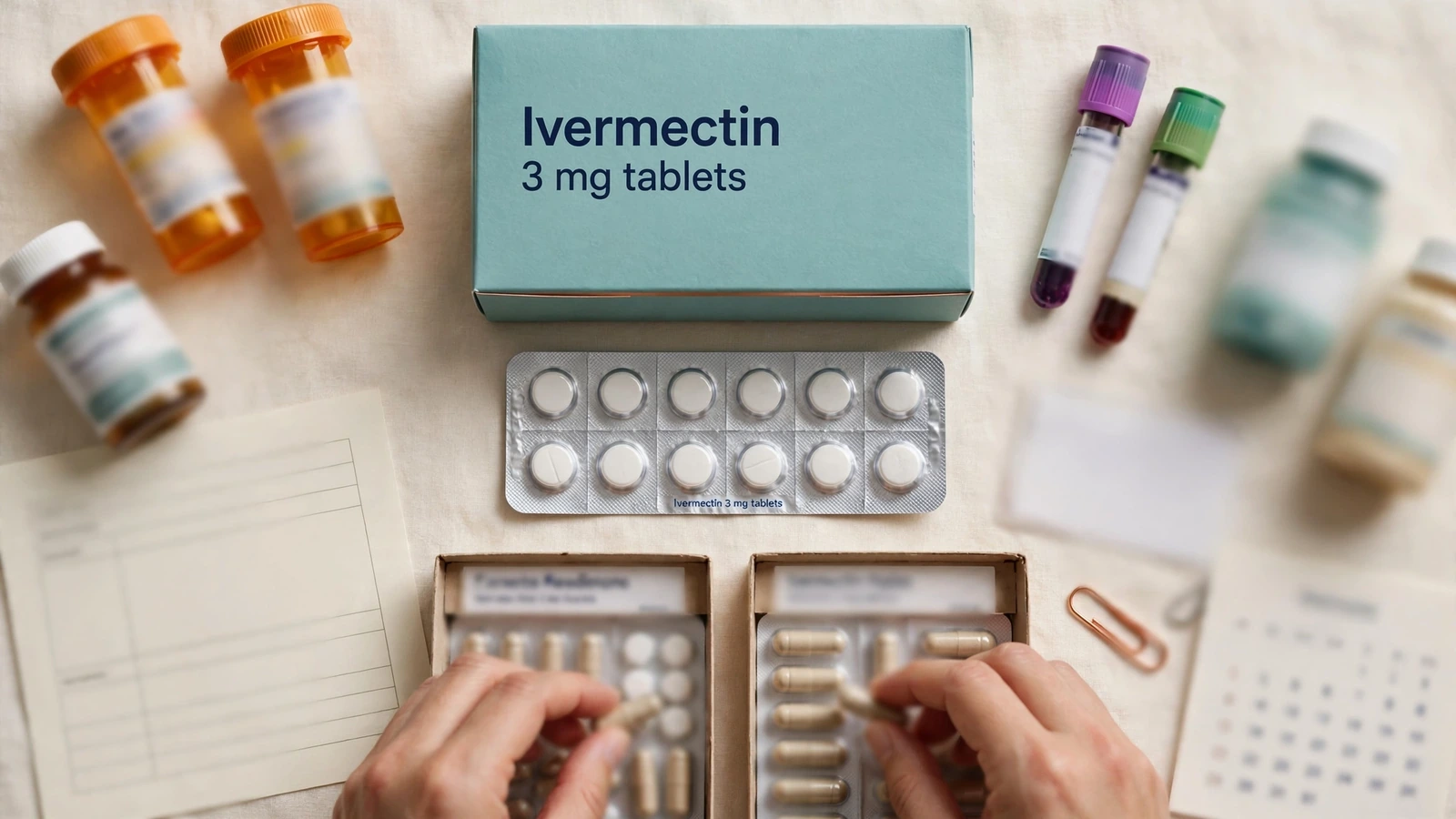 Human oral ivermectin beside a complete medicine list, anticoagulation record, and laboratory materials