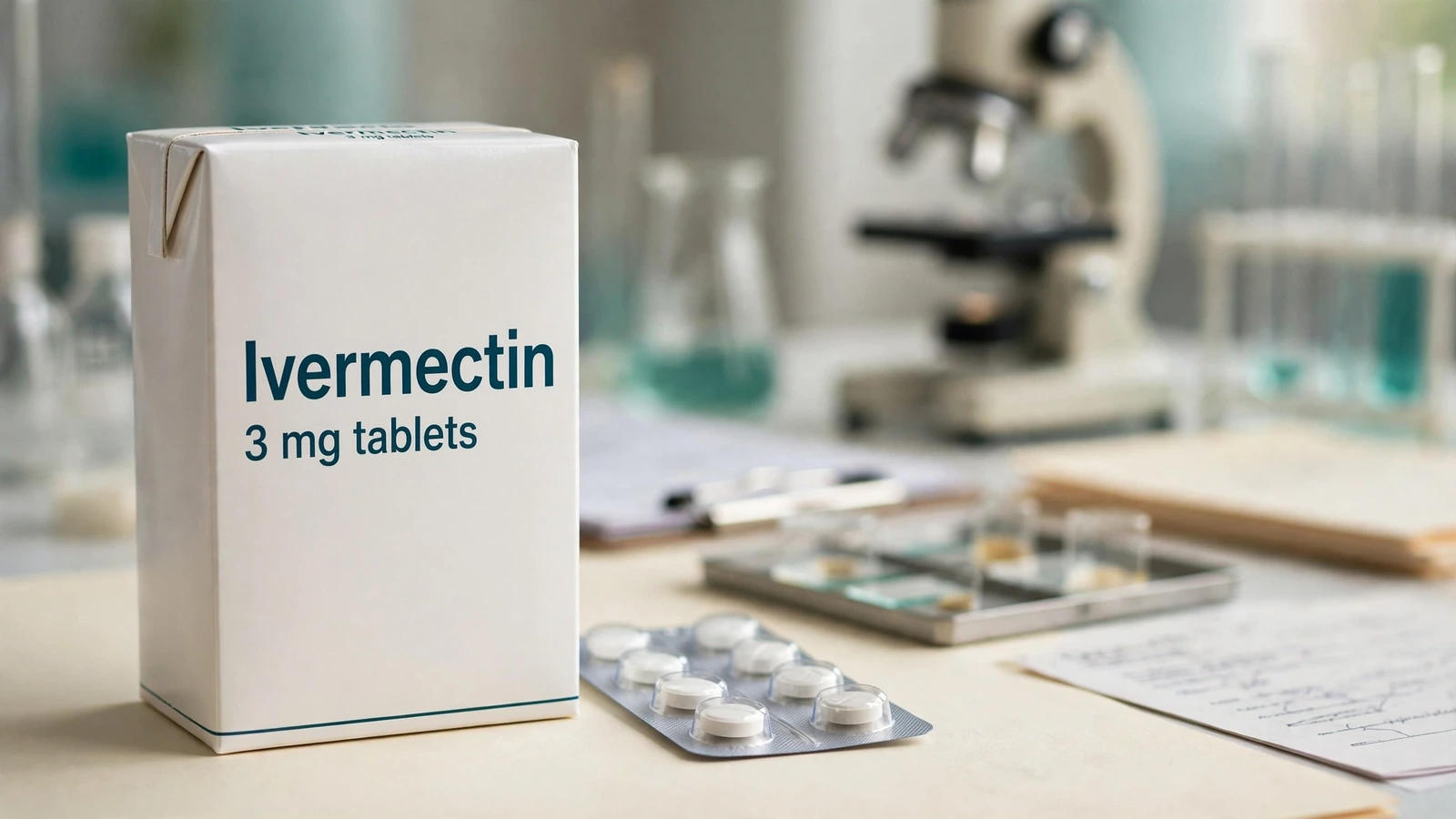 Human oral ivermectin carton and tablet blister beside parasite diagnosis records