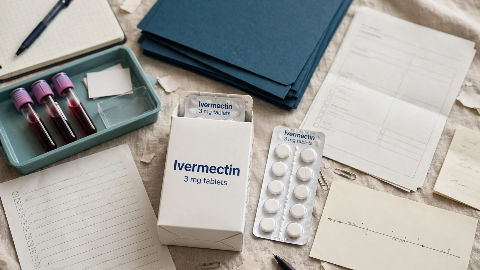 Longitudinal ivermectin monitoring record with medicines, symptom notes, and follow-up cards