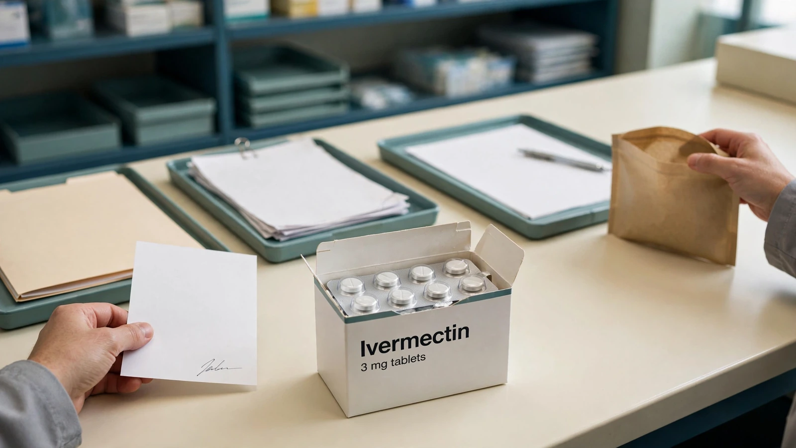Prescription-first route from clinician record to licensed pharmacy and human oral ivermectin pickup