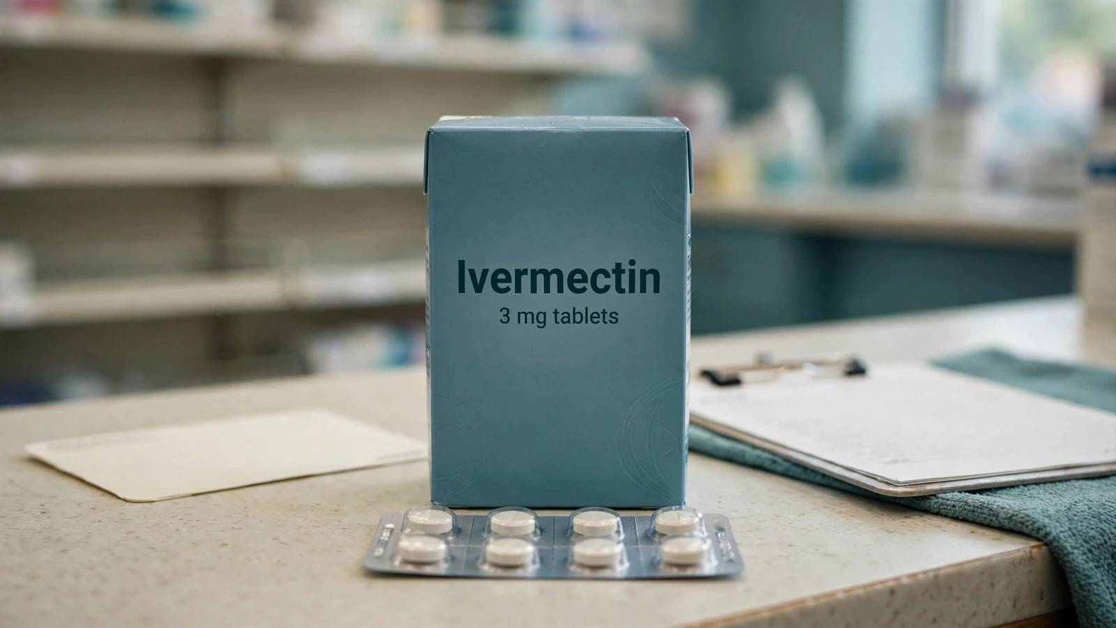 Human oral ivermectin prescription package separated from an over-the-counter store shelf