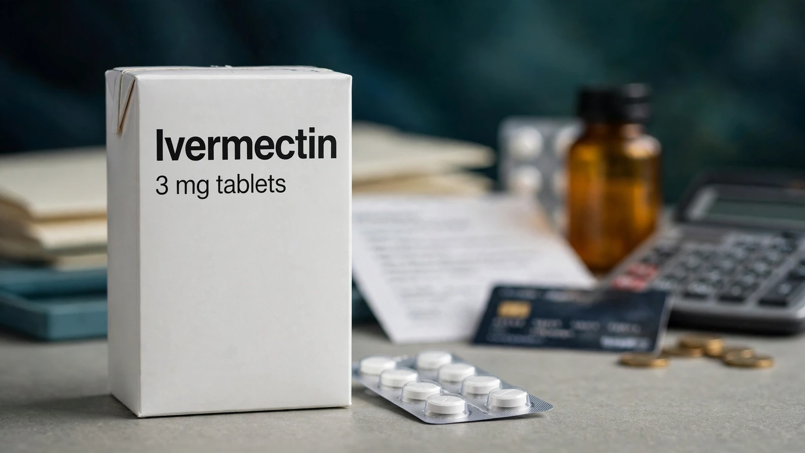 Human oral ivermectin prescription package beside an itemized pharmacy cash-cost estimate