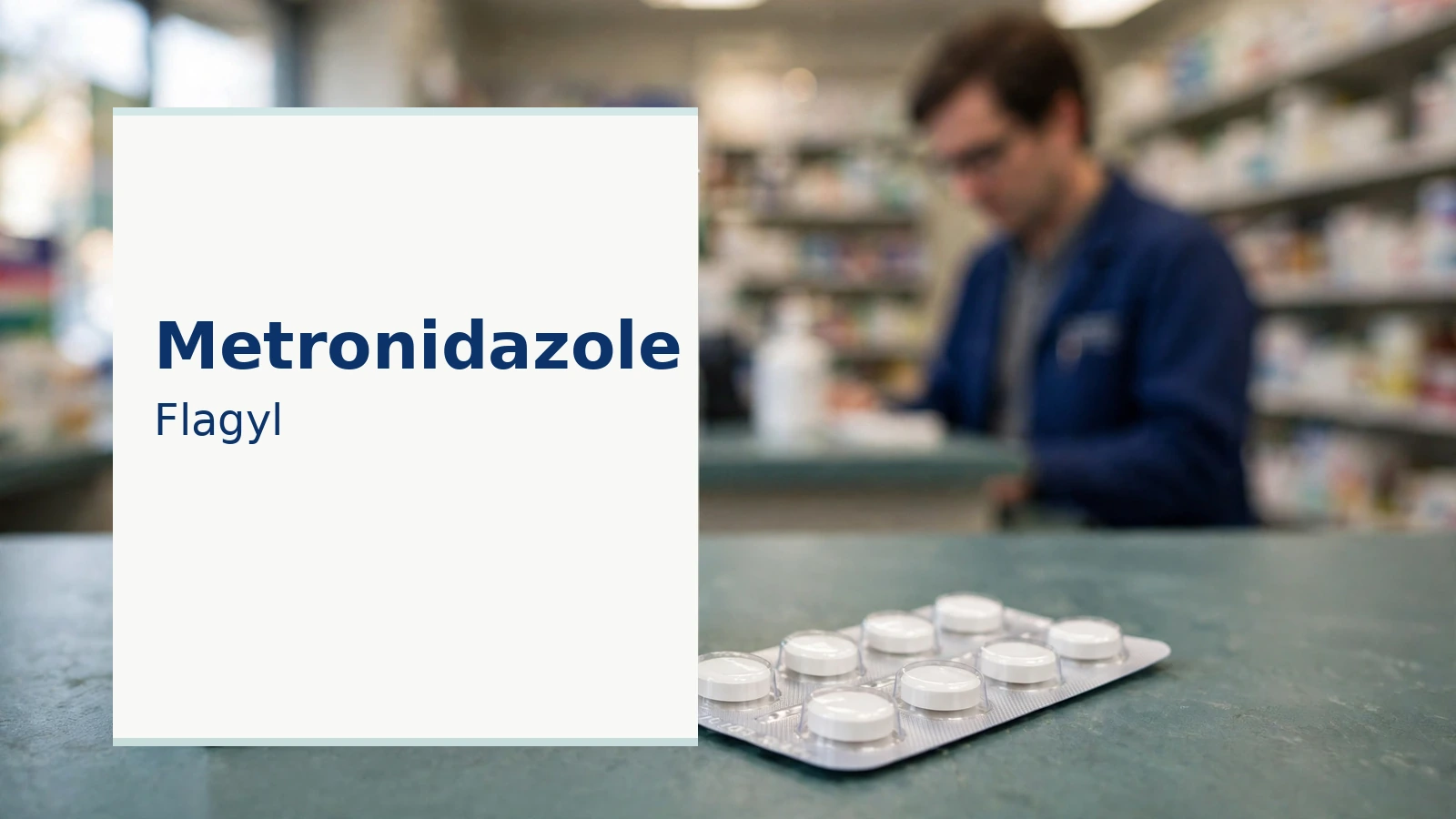 Metronidazole 500 mg prescription package at a staffed pharmacy counter with clinician order and identity check