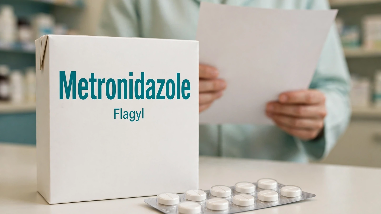 Pharmacist comparing a metronidazole blister pack, prescription label, medicine list, and clinician order