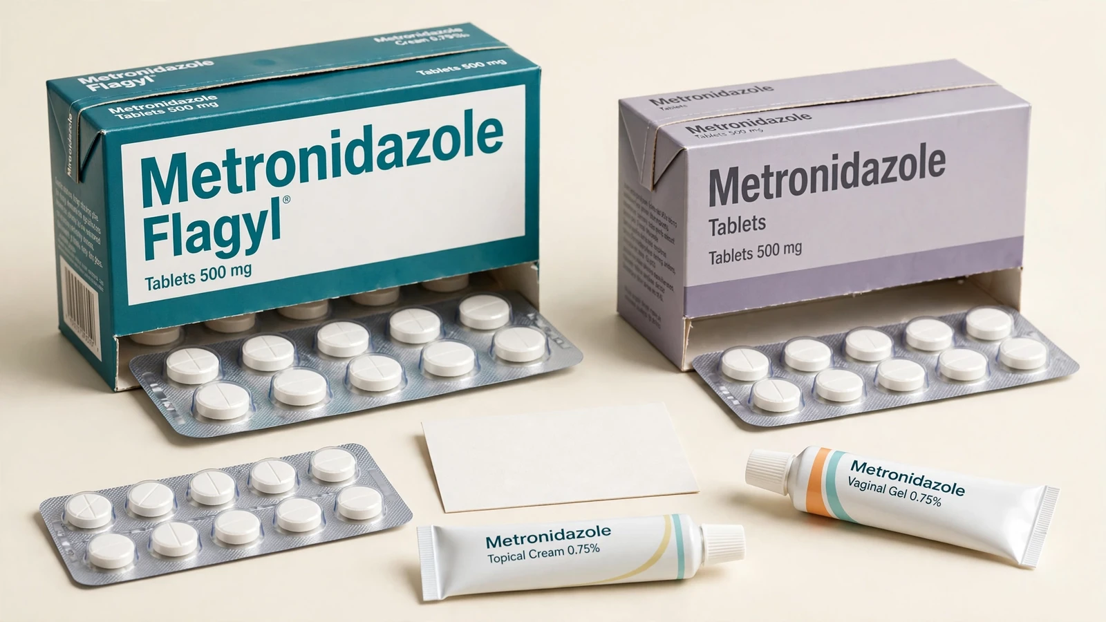 Metronidazole 500 mg package beside a symptom diary, water glass, and routine and urgent follow-up folders