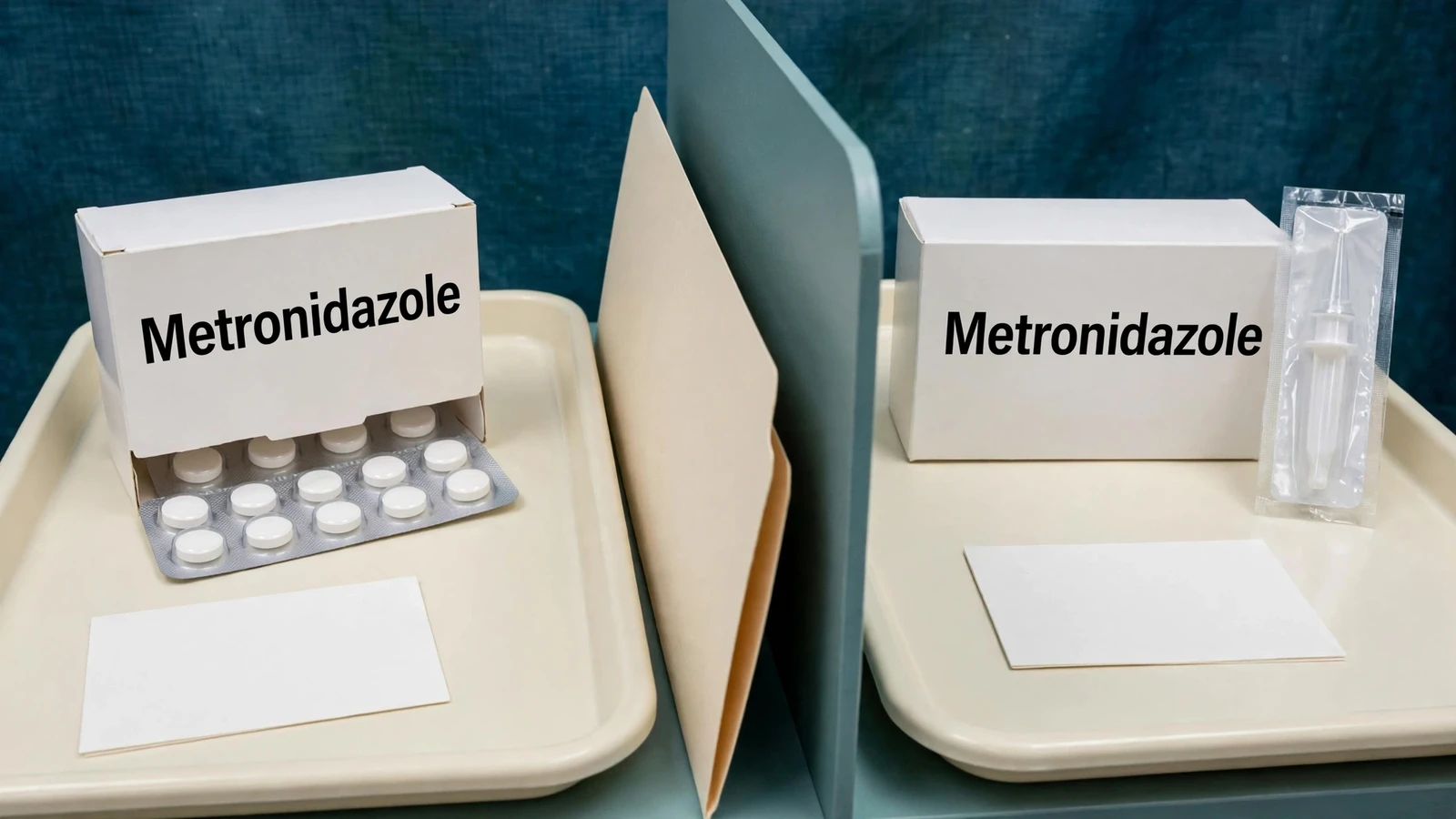 Pharmacist counseling with a metronidazole package, patient information sheet, symptom card, and follow-up calendar