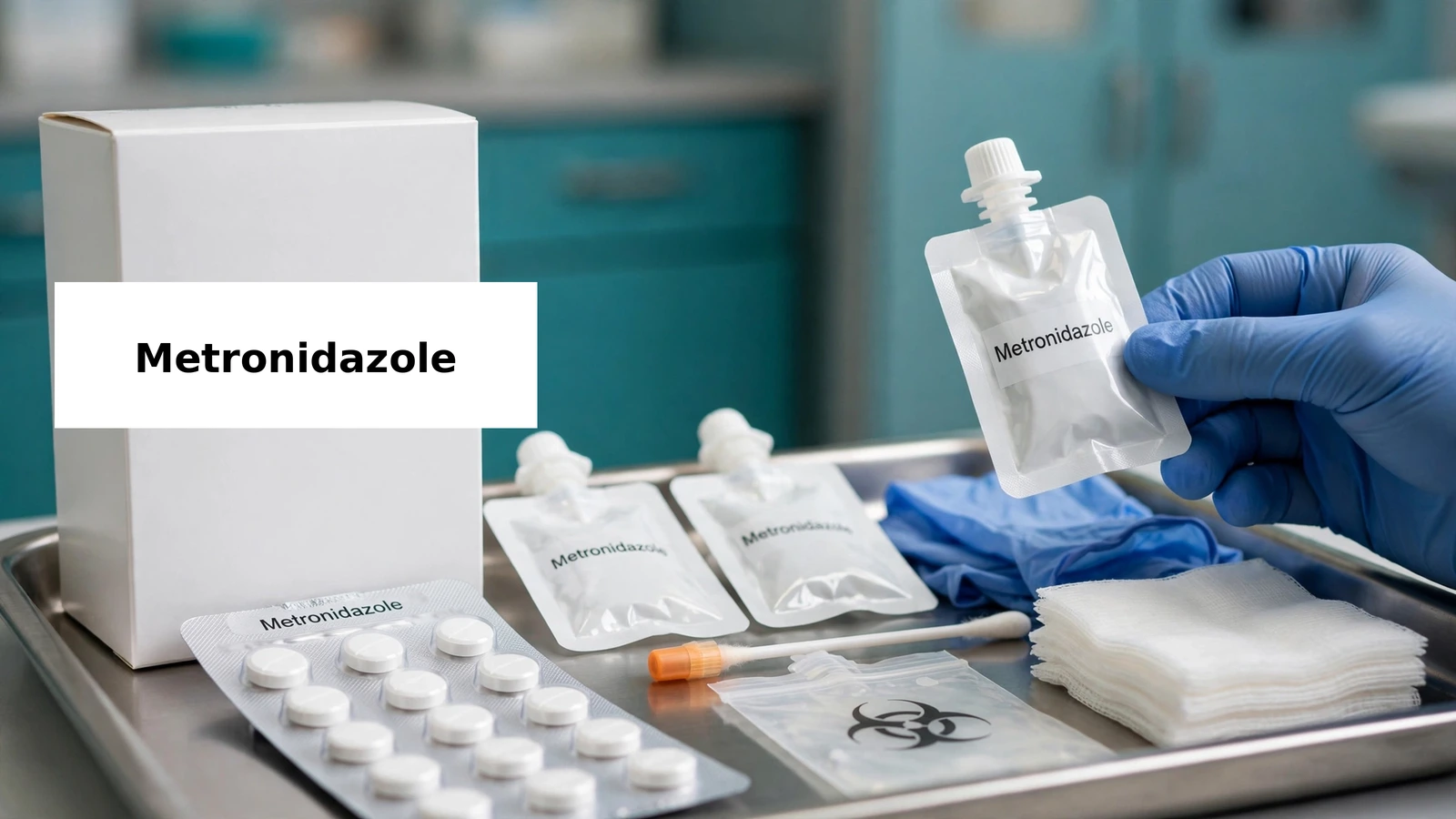Bacterial vaginosis assessment tray with metronidazole products, specimen tube, and follow-up calendar