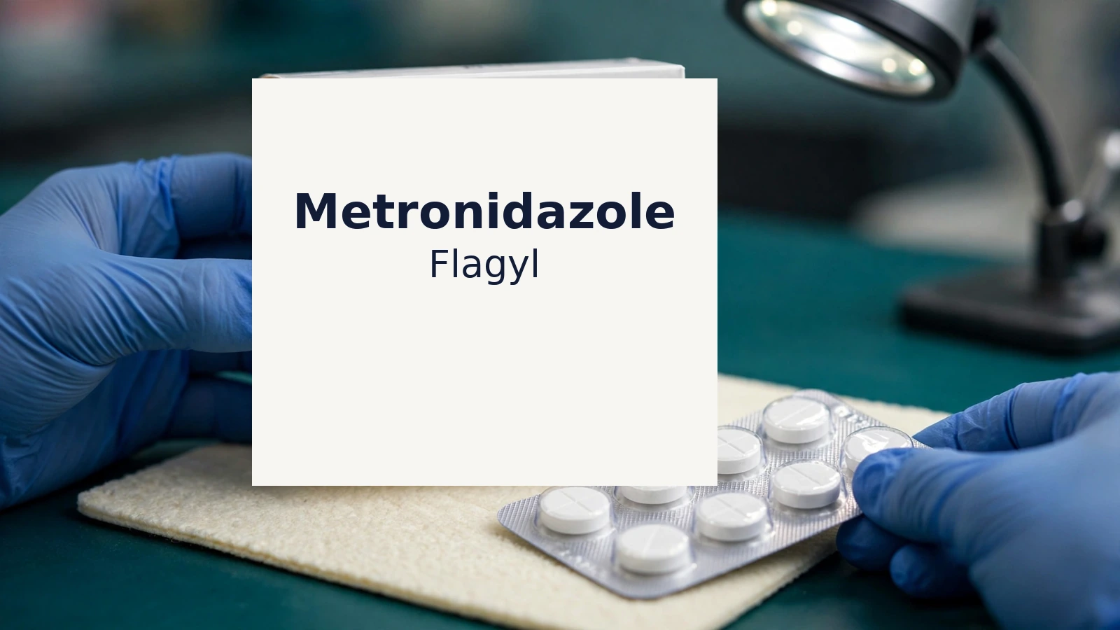Pharmacist aligning a metronidazole package, blister pack, patient label, and clinician order for dispensing