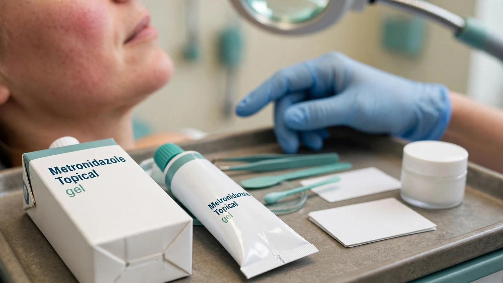 Metronidazole gel and cream with distinct textures beside a gentle rosacea skin-care routine