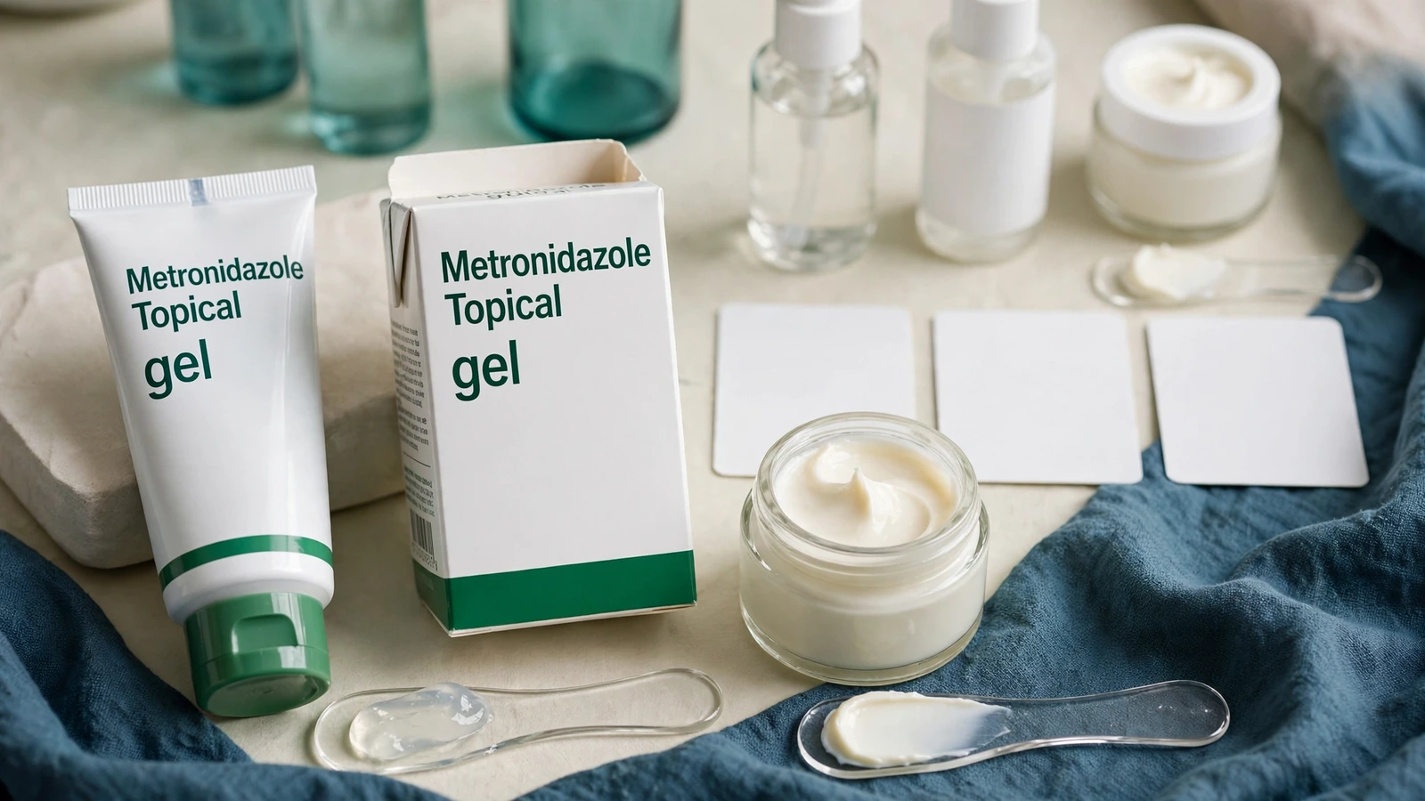 Dermatology assessment of an adult rosacea cheek with separate metronidazole gel and cream products