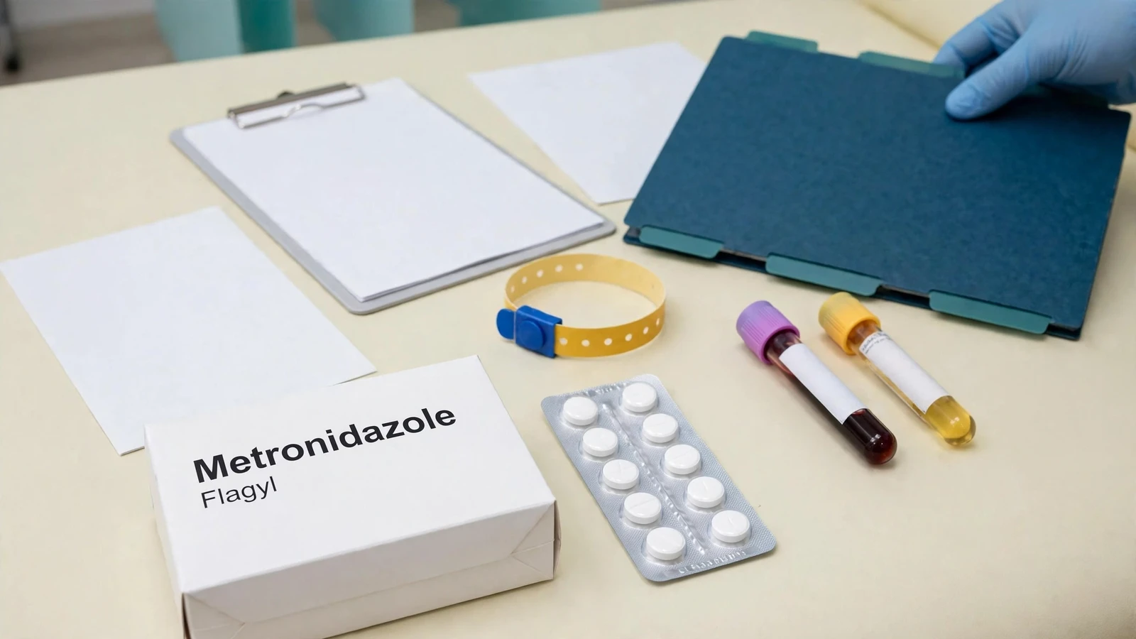 Metronidazole package beside a medication reconciliation sheet listing prescriptions, supplements, and recent changes
