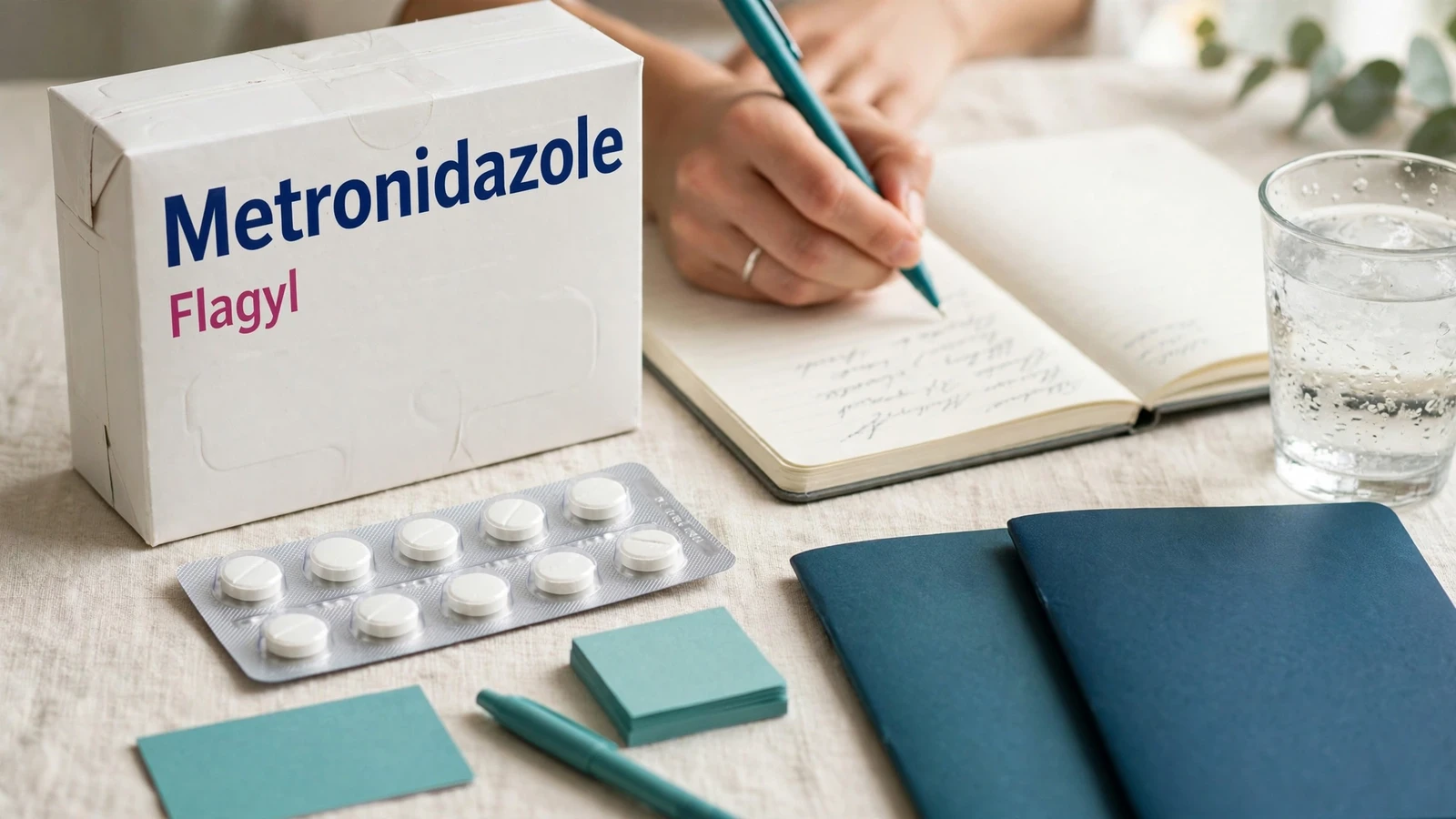 Pharmacist comparing a metronidazole patient label with a complete medicine and supplement list