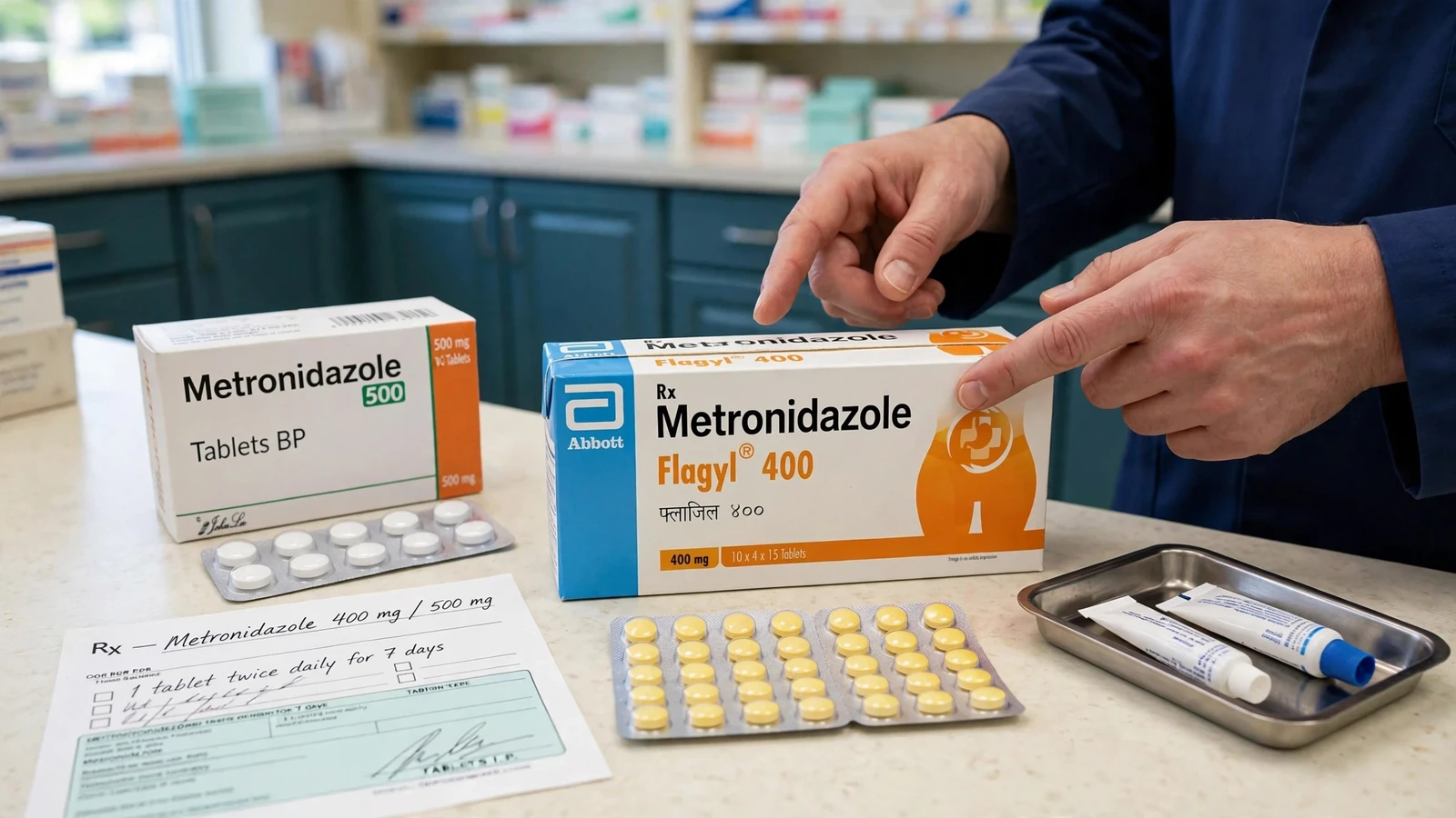 Metronidazole oral tablet package beside allergy history, current medicine list, and clinical screening records