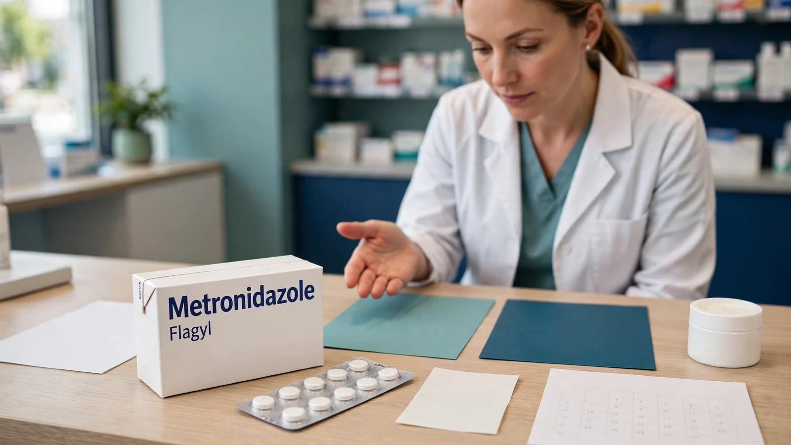 Pharmacist matching metronidazole oral tablets to a prescription, patient label, and follow-up checklist