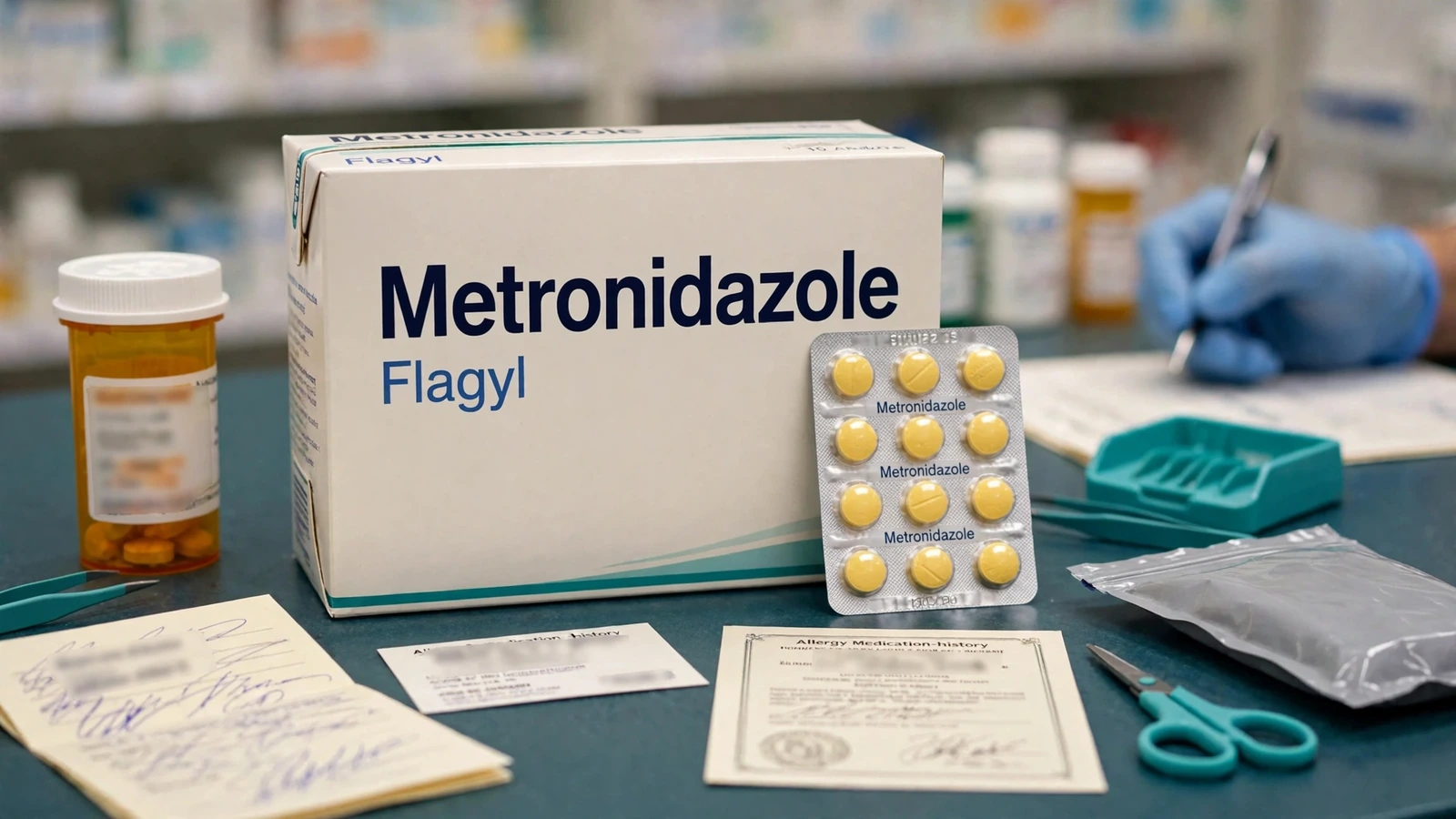 Pharmacist verifying metronidazole tablets against a prescription, medicine history, and pharmacy records