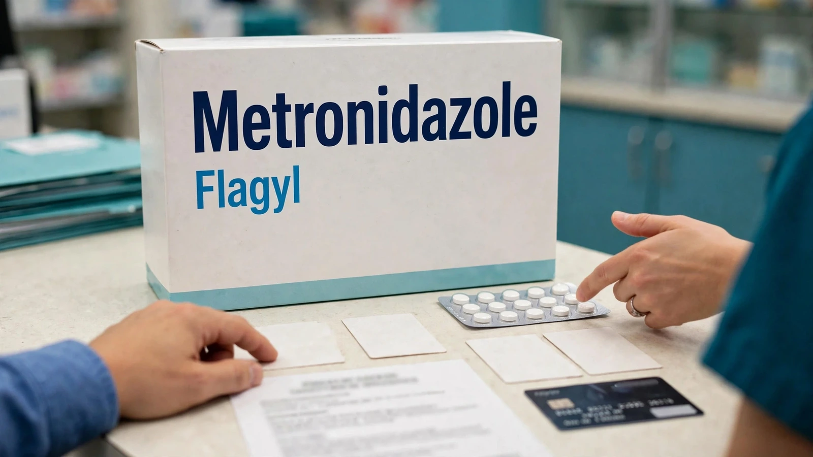 Metronidazole prescription package beside separate cash, insurance, pharmacy, and clinical service quote cards