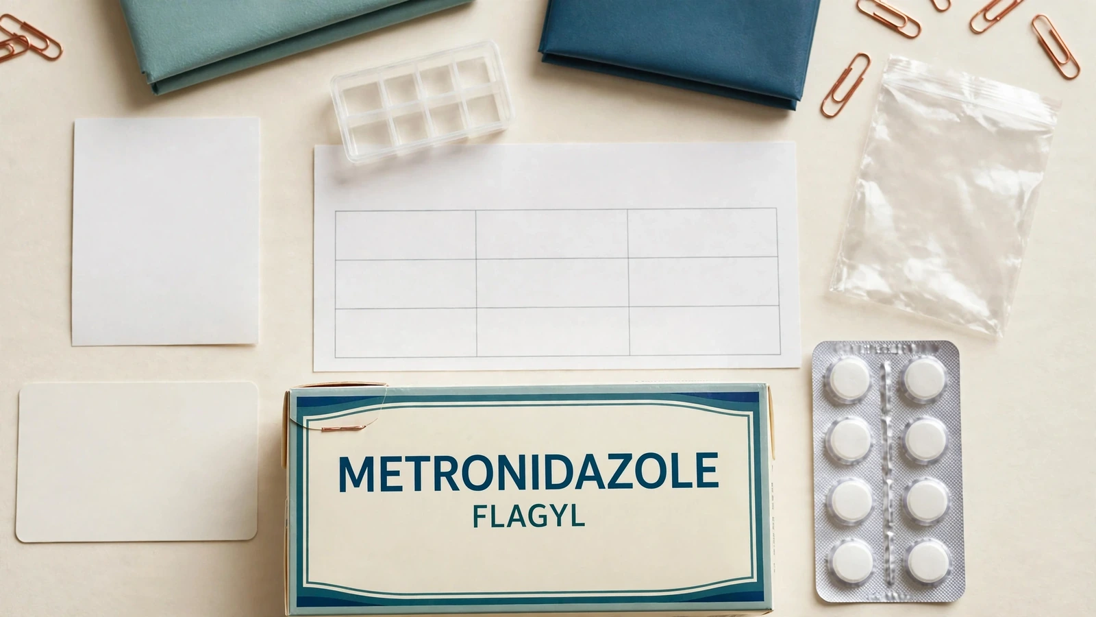 Metronidazole package between an insurance card, self-pay receipt, pharmacy quote, and sealed pickup bag