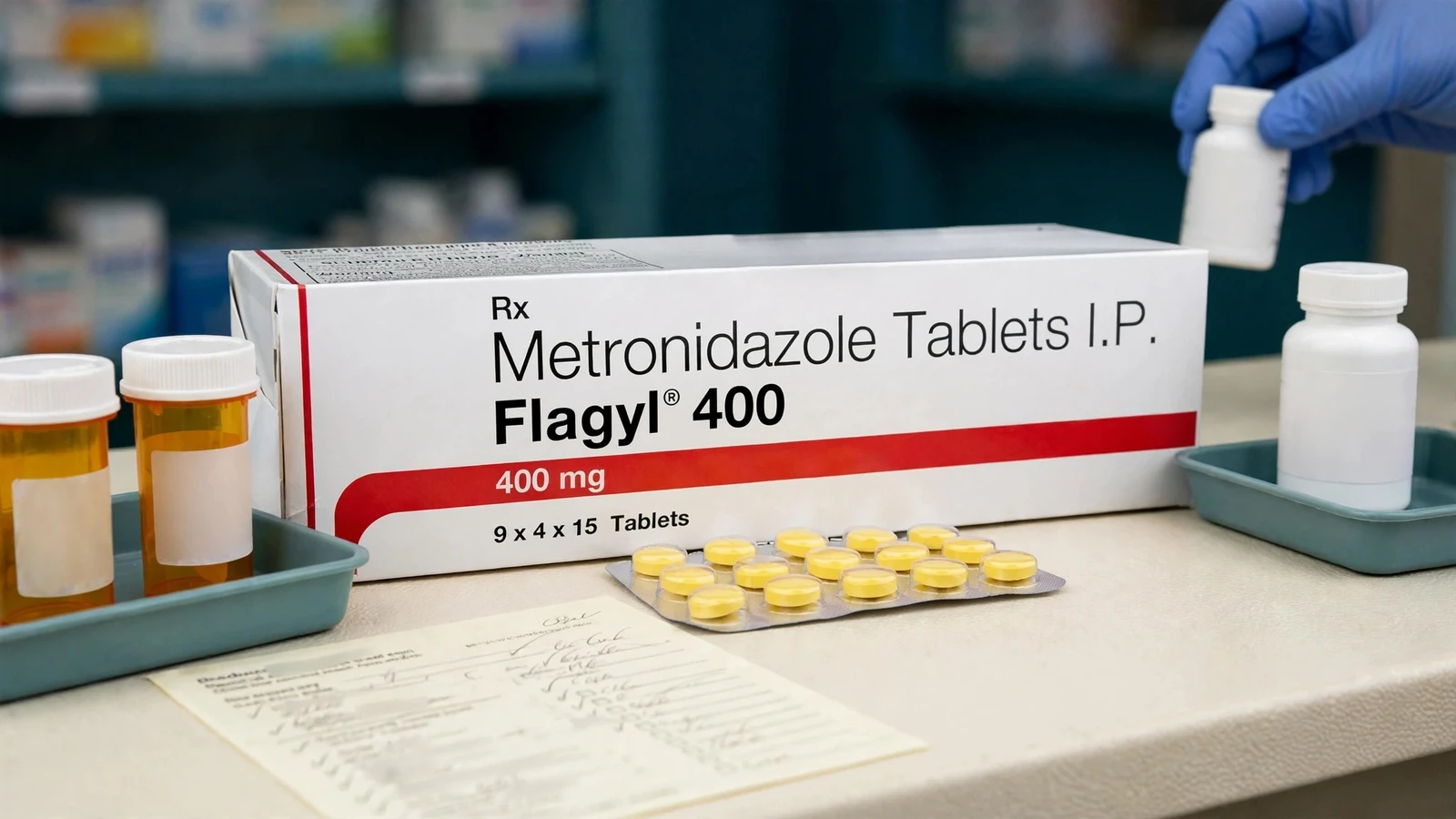 Oral metronidazole tablet pack and vaginal gel applicators separated into route-specific bacterial vaginosis trays