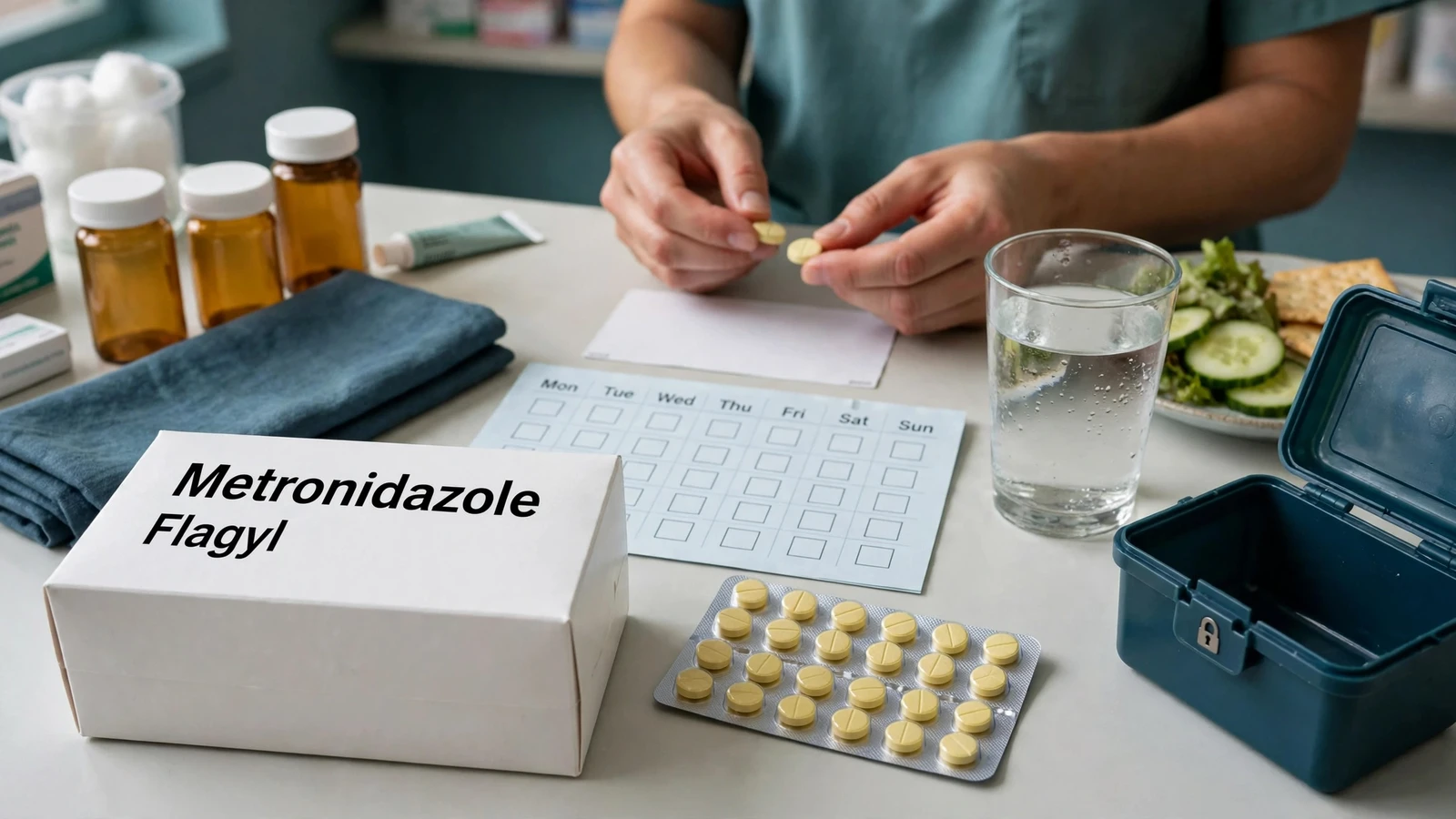 Clinician comparing sealed oral metronidazole tablets and vaginal gel with diagnosis and follow-up records