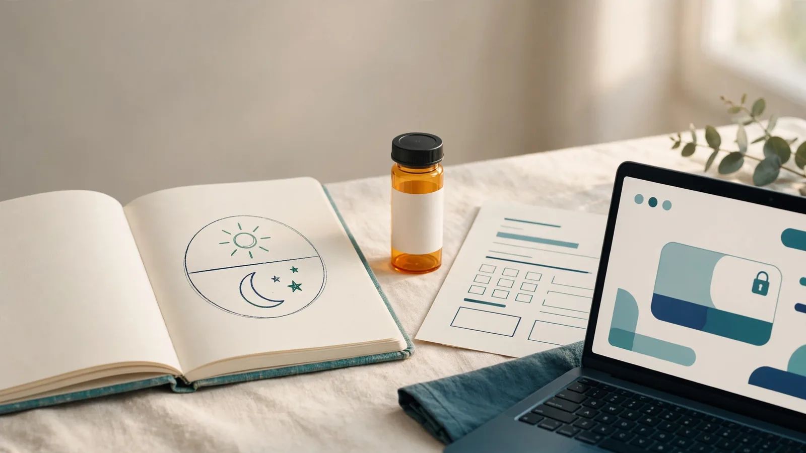 Sleep diary, blank prescription records, and a secure laptop prepared for a modafinil evaluation