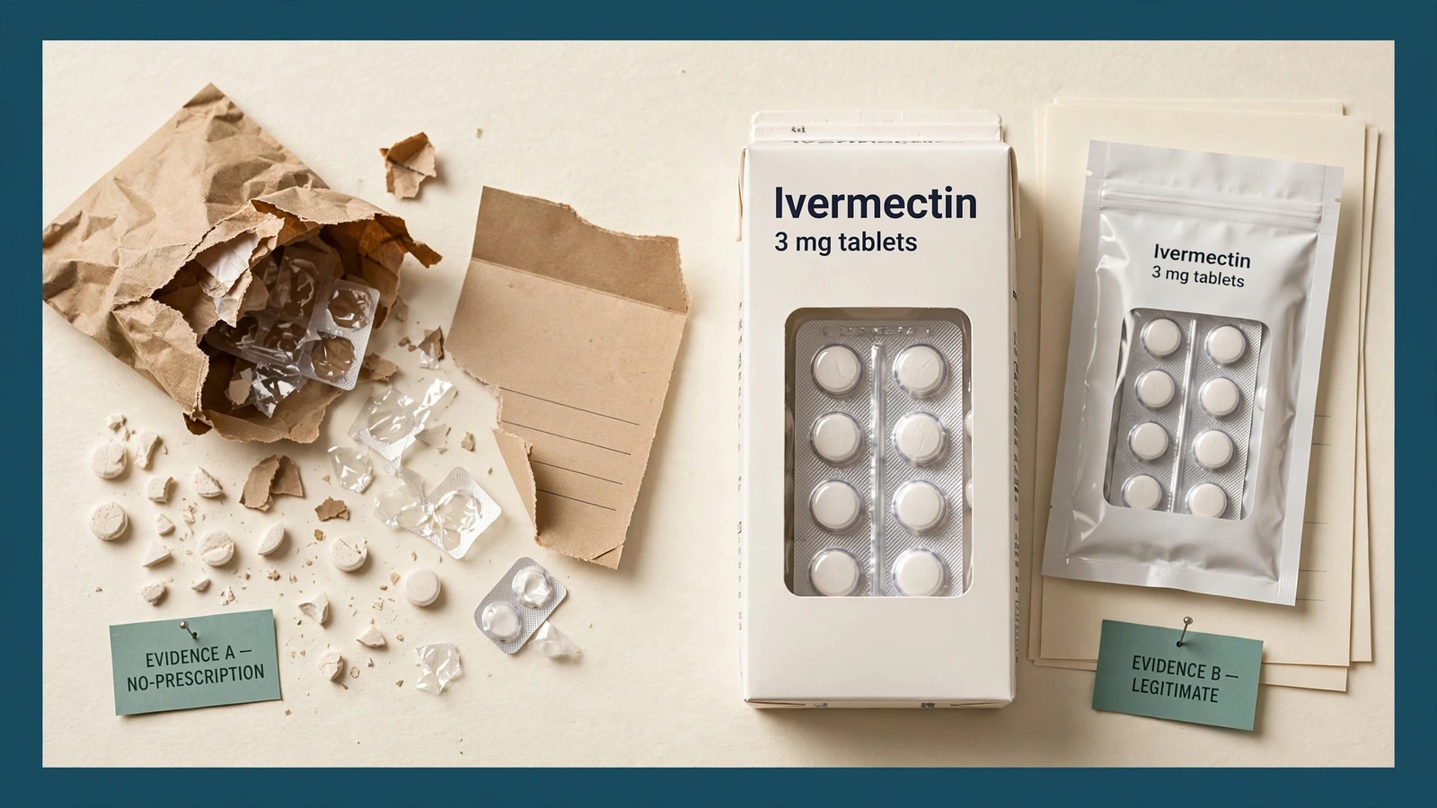 No-prescription ivermectin offer marked with missing license, pharmacist, prescription, and authentic-product warnings