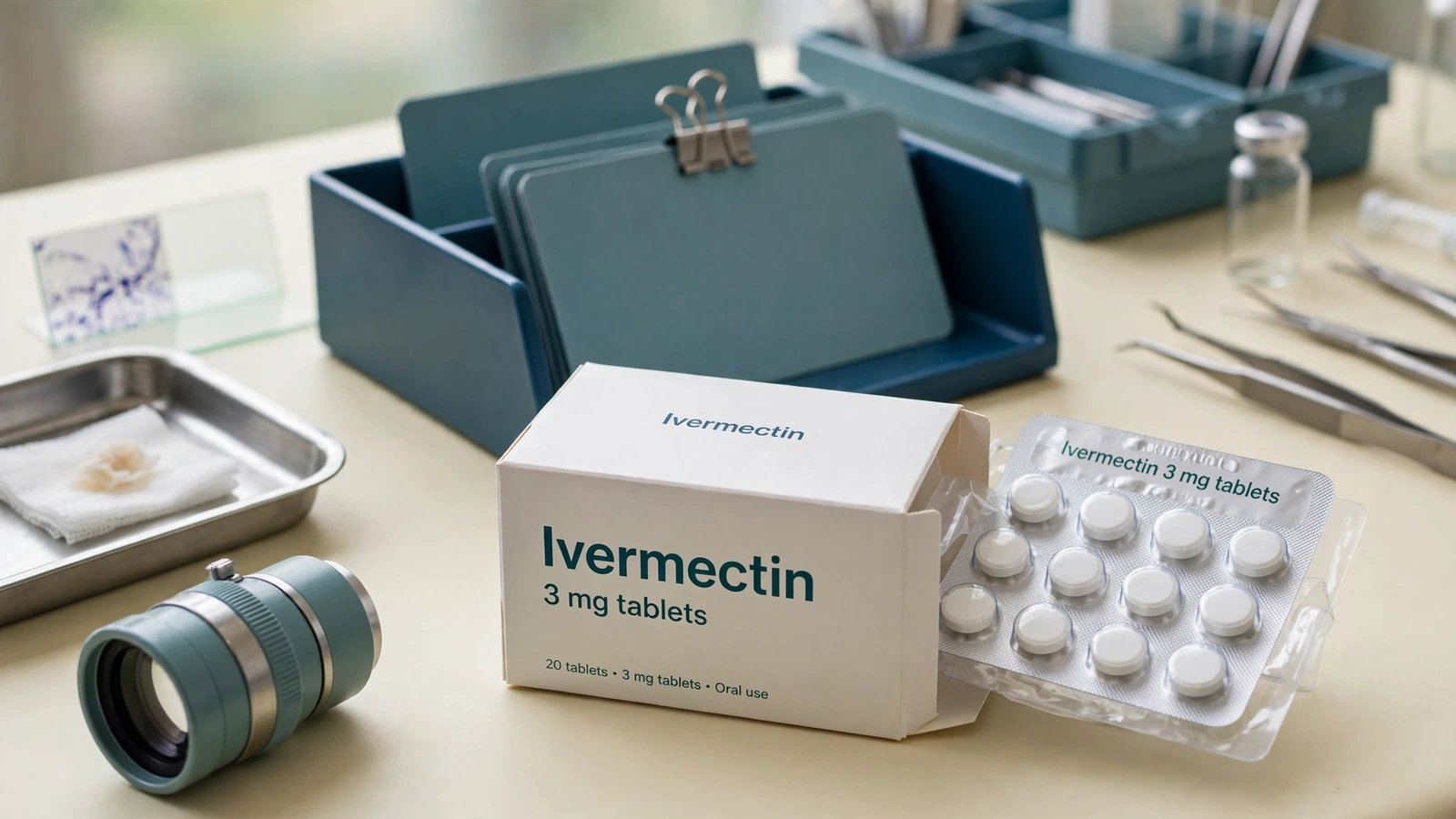 Onchocerciasis follow-up materials with skin and eye examination tools beside oral ivermectin