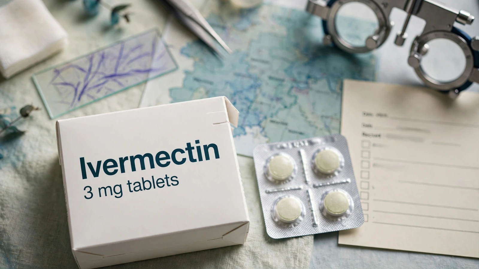 Human oral ivermectin carton beside an onchocerciasis skin specimen and eye-examination tools