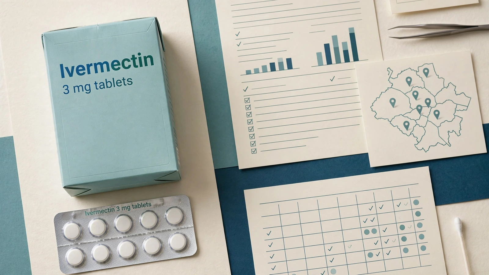 Oral ivermectin package beside Strongyloides specimen slides and a follow-up record