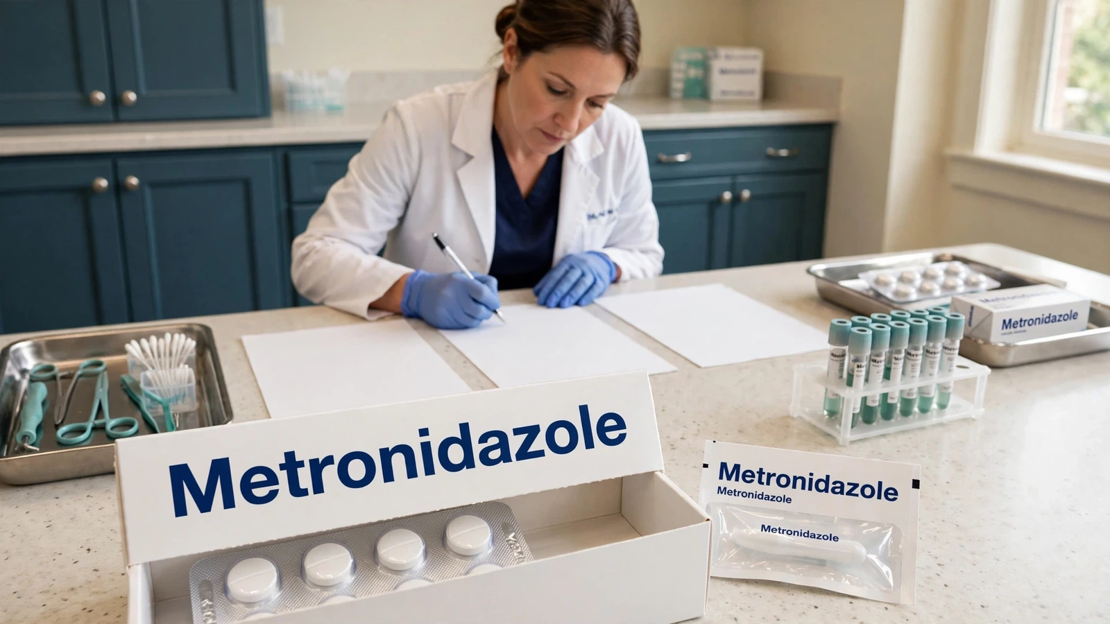 Clinician preparing a repeat bacterial vaginosis specimen kit while reviewing previous metronidazole treatment records