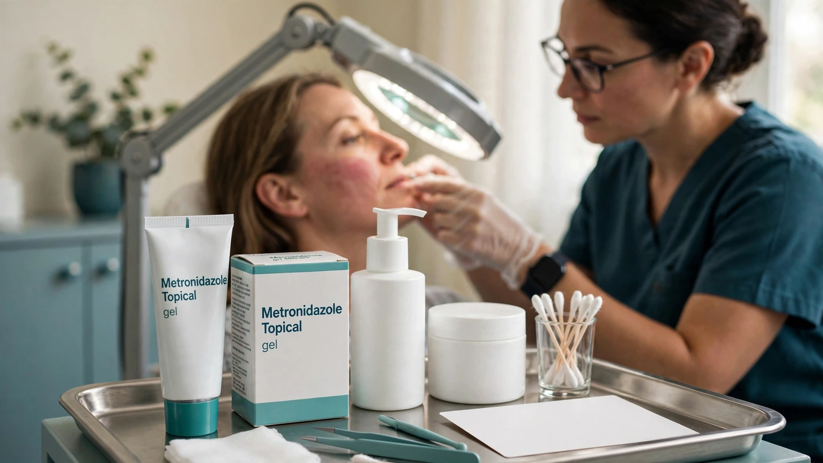Topical metronidazole product with application calendar, serial cheek photographs, and rosacea trigger diary