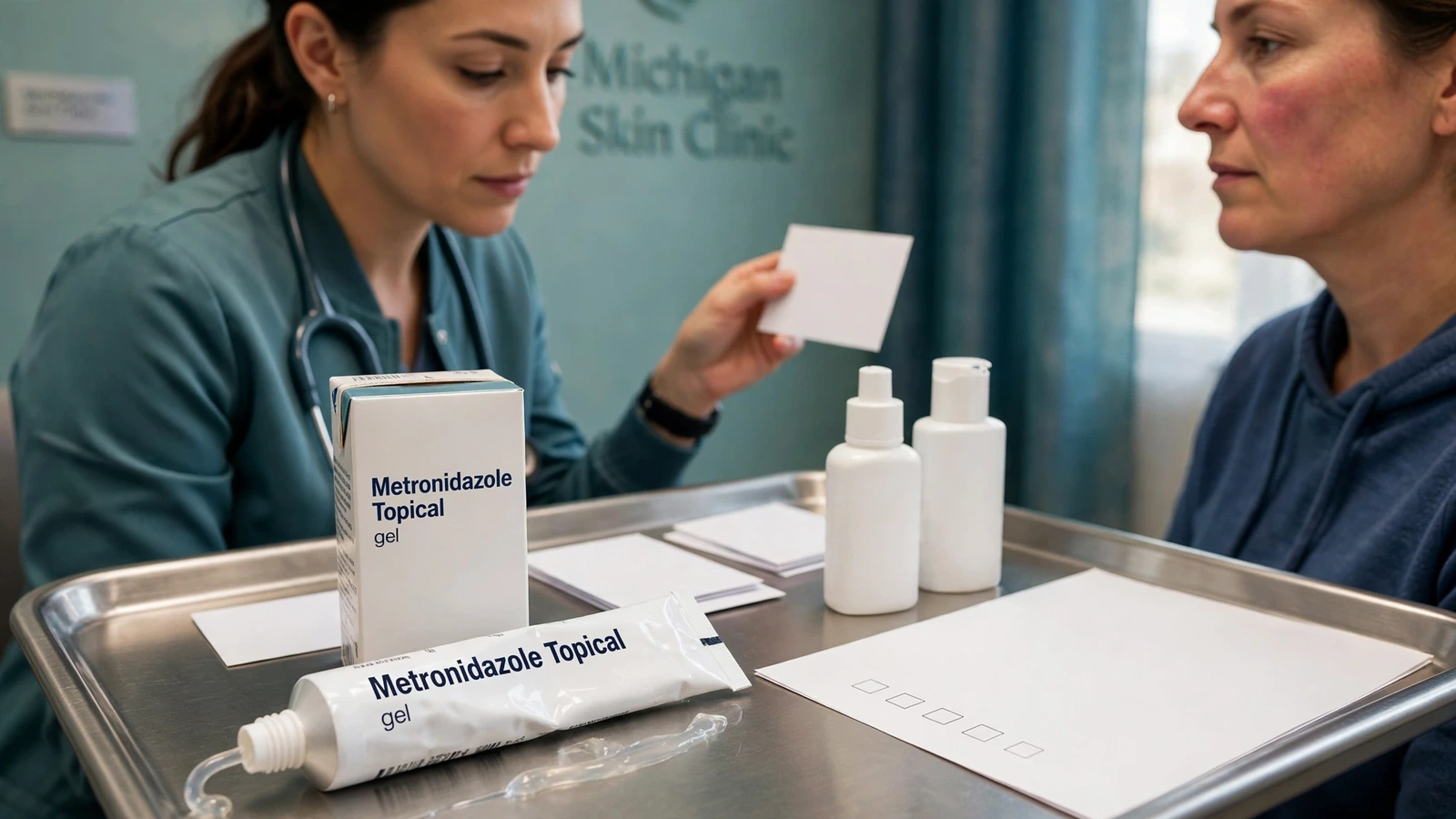 Dermatologist comparing current rosacea cheek appearance with earlier photographs and topical metronidazole records