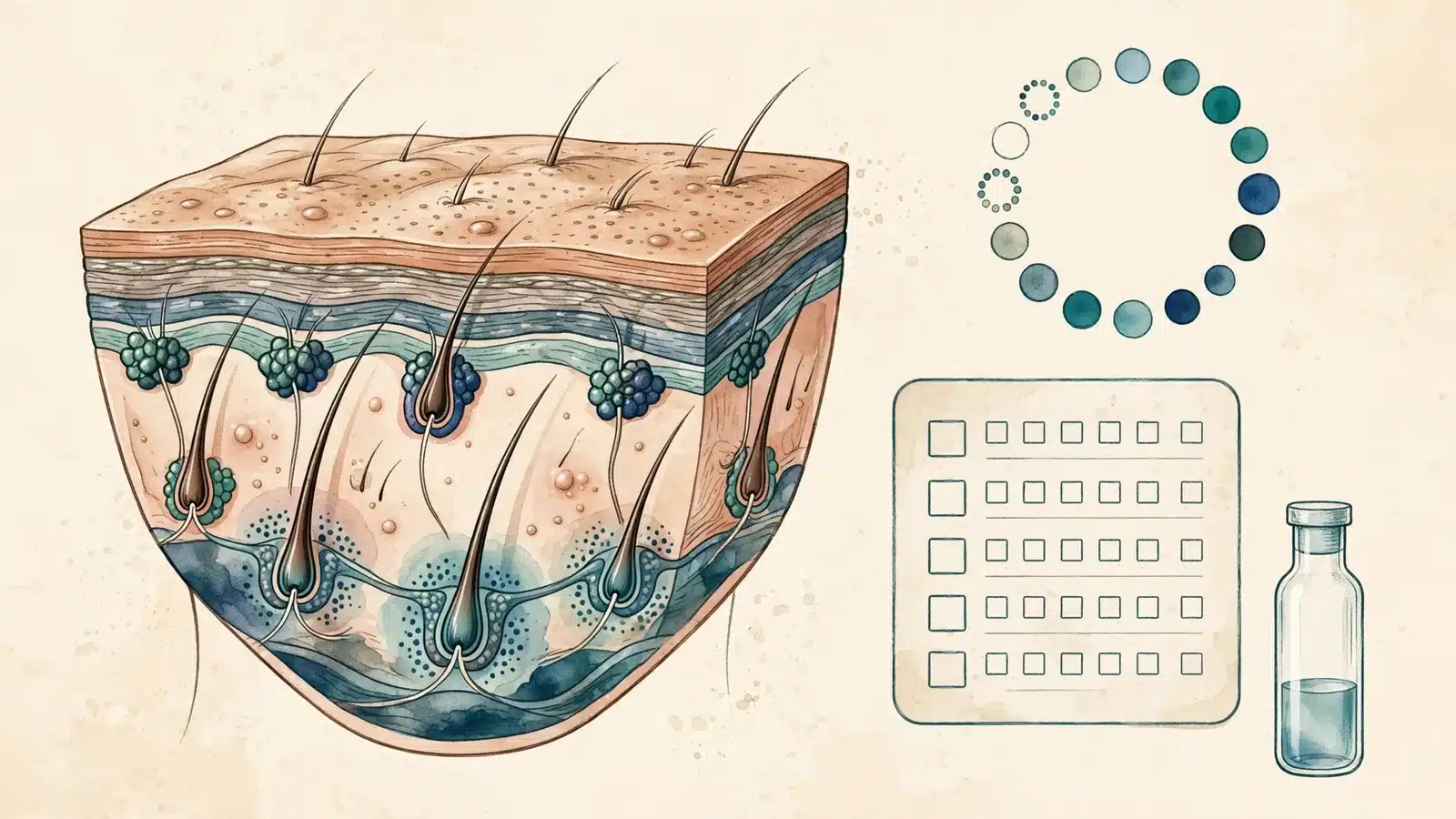 Skin cross-section, cycle chart, health history grid, and lab vial for hormonal acne evaluation