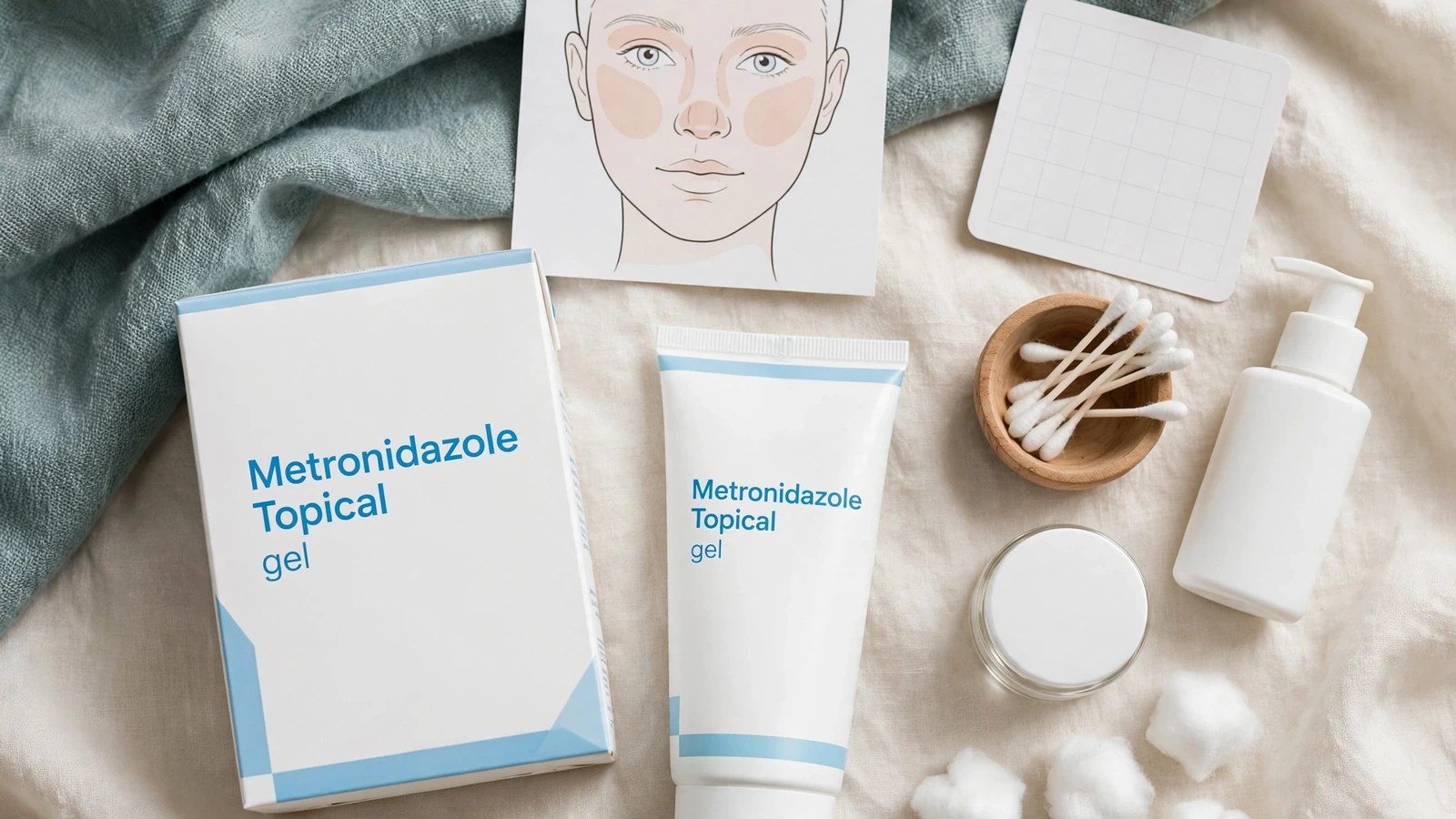 Topical metronidazole gel, cream, and lotion beside a facial skin diagram and gentle skin-care products